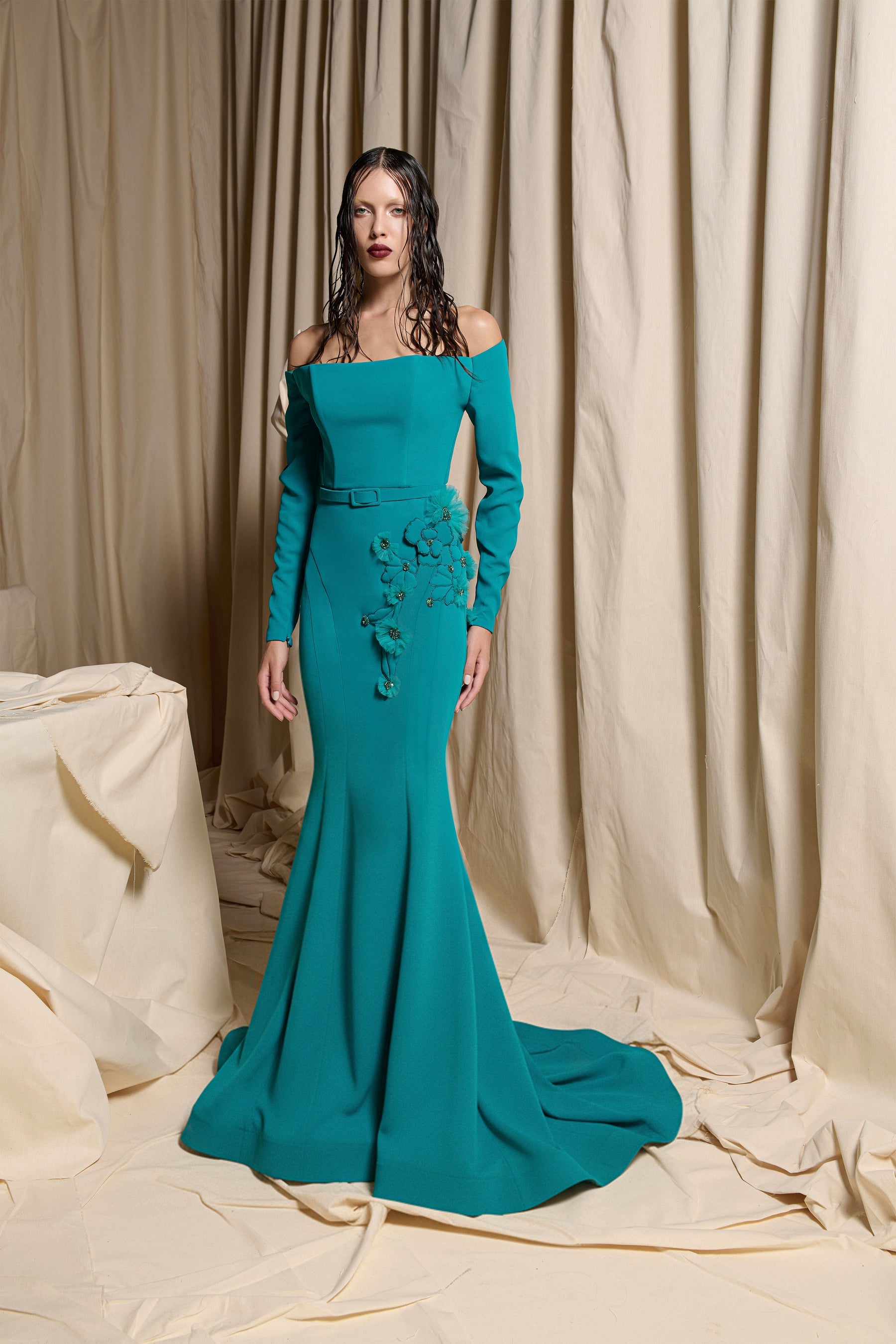 Nour Fathallah N0701 - Teal Crepe Gown with 3D Floral Slit Detail