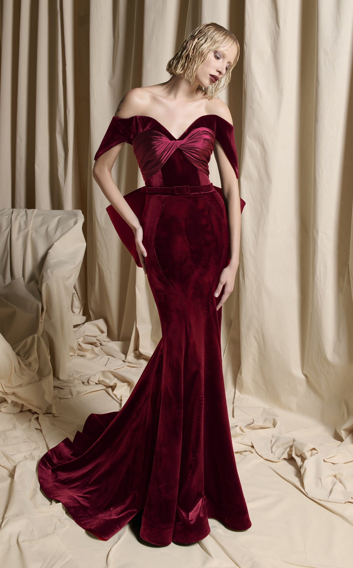 Nour Fathallah N0702 - Black Velvet Off-Shoulder Gown with Sculptural Bow