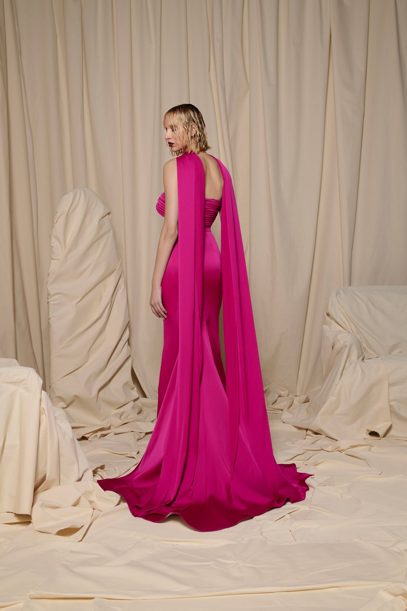 Nour Fathallah N0707 - Fuchsia Gown with Dramatic Cape Panels