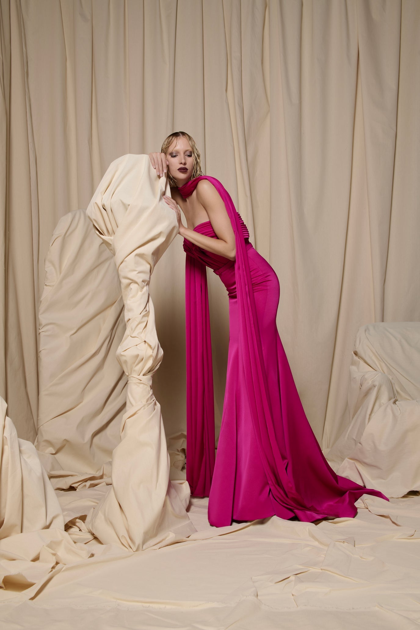 Nour Fathallah N0707 - Fuchsia Gown with Dramatic Cape Panels