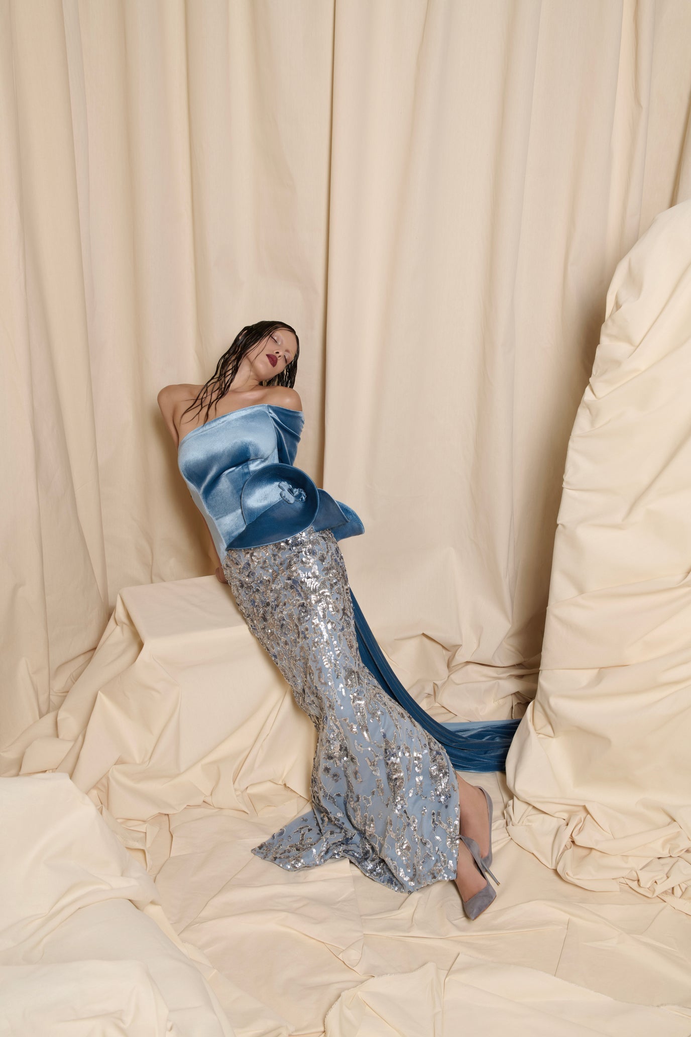 Nour Fathallah N0708 - Blue Velvet & Sequin Tulle Gown with Draped Tail