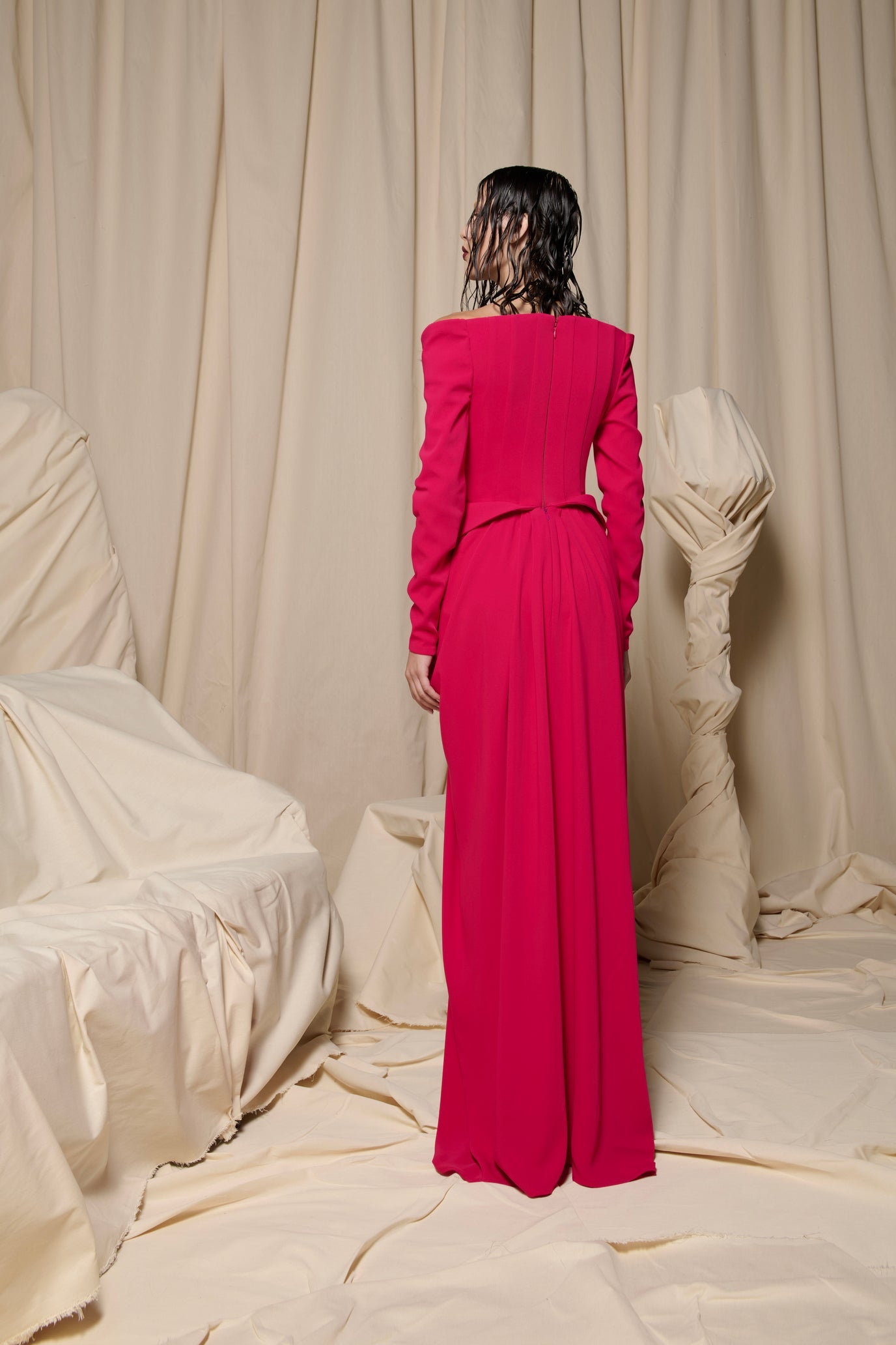 Nour Fathallah N0709 - Scarlet Crepe Gown with Off-Shoulder Sleeves