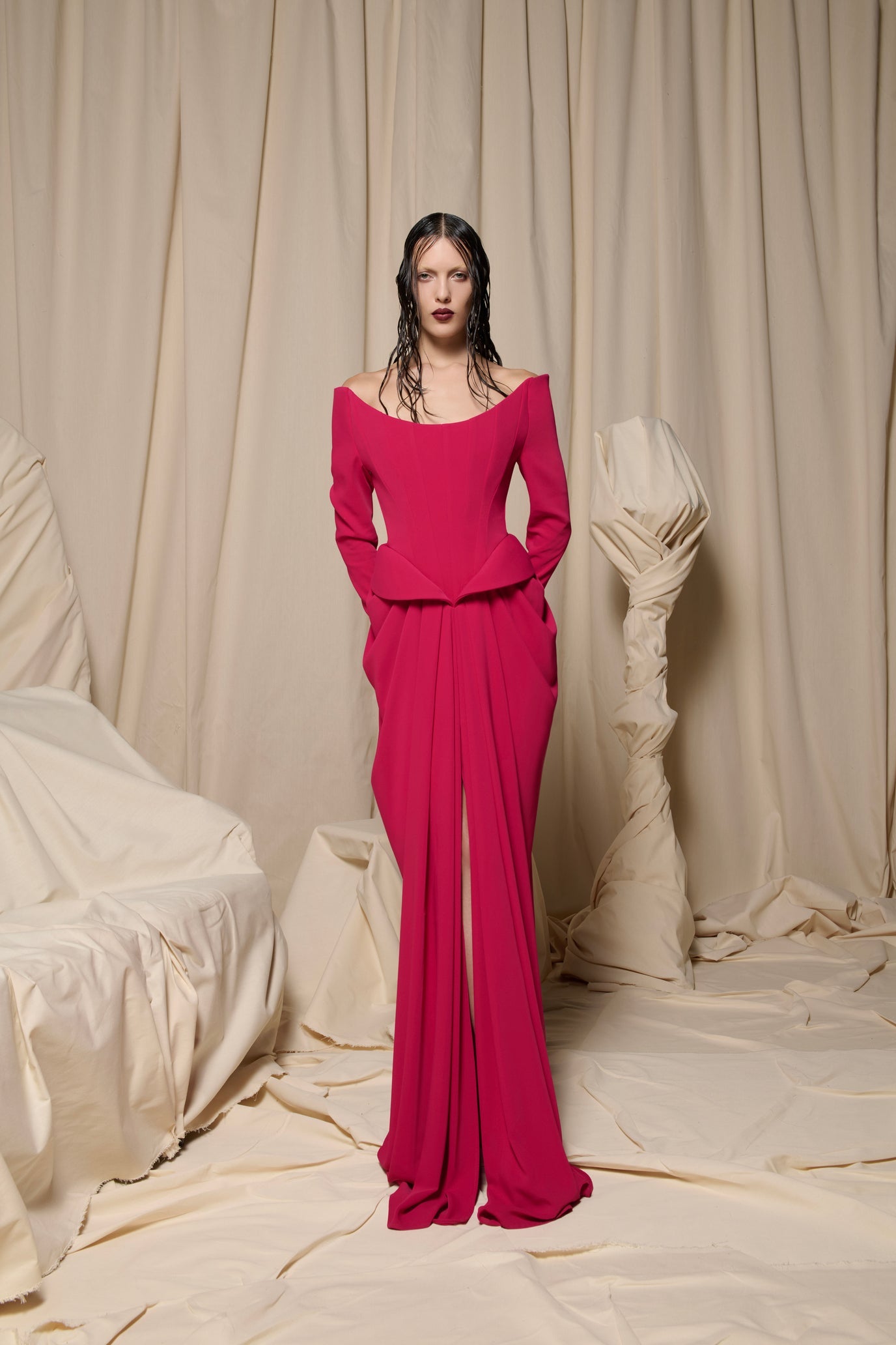 Nour Fathallah N0709 - Scarlet Crepe Gown with Off-Shoulder Sleeves