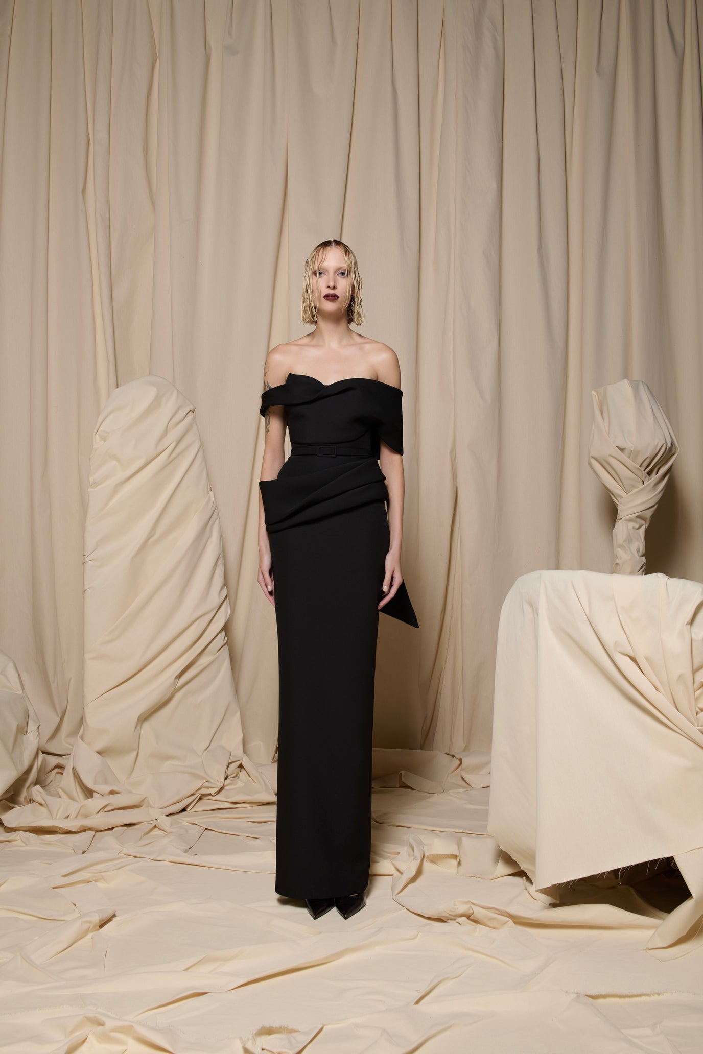 Nour Fathallah N0710 - Black Column Gown with Refined Tailoring