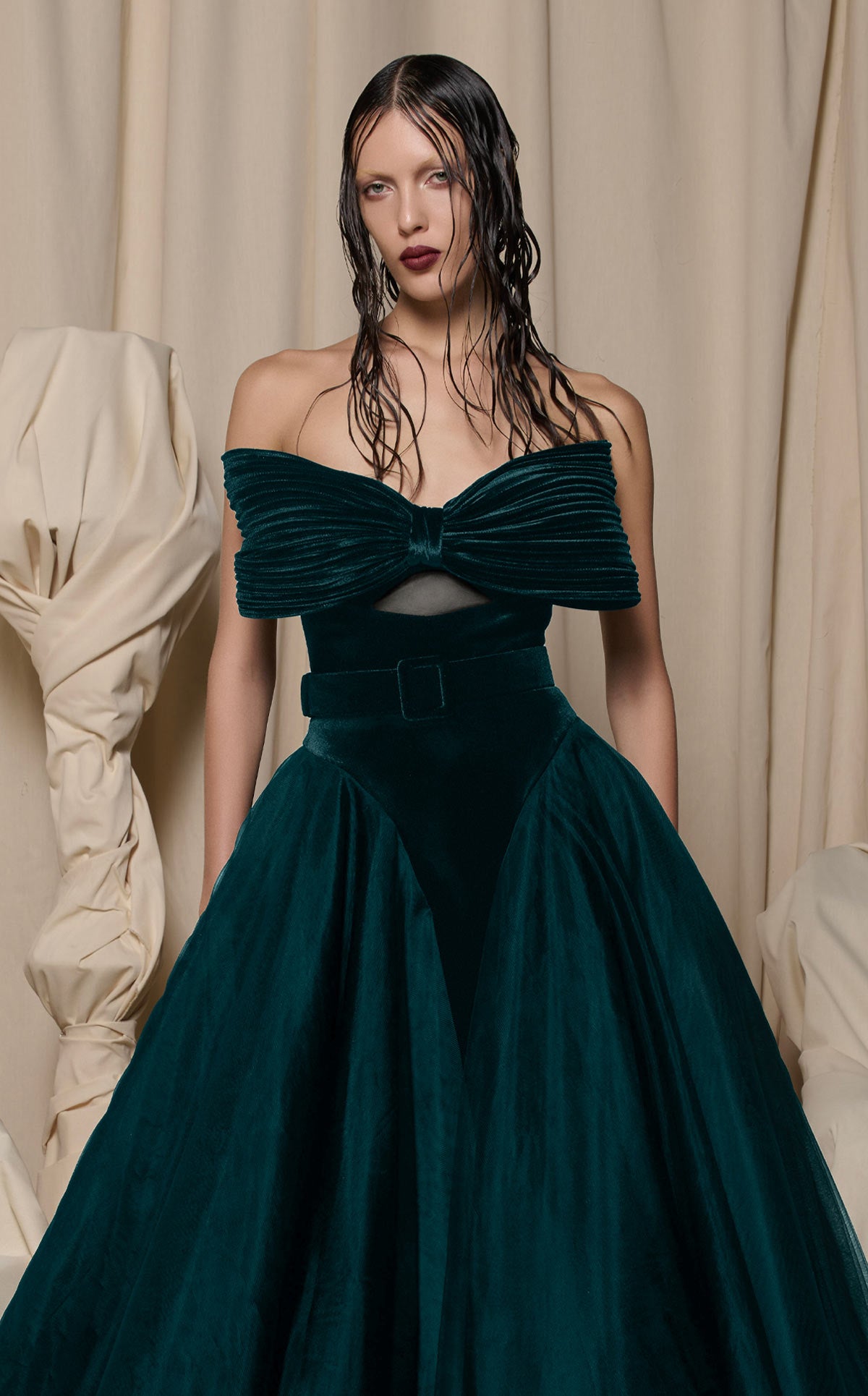 Nour Fathallah N0713 - Black Velvet & Tulle Gown with Oversized Bow