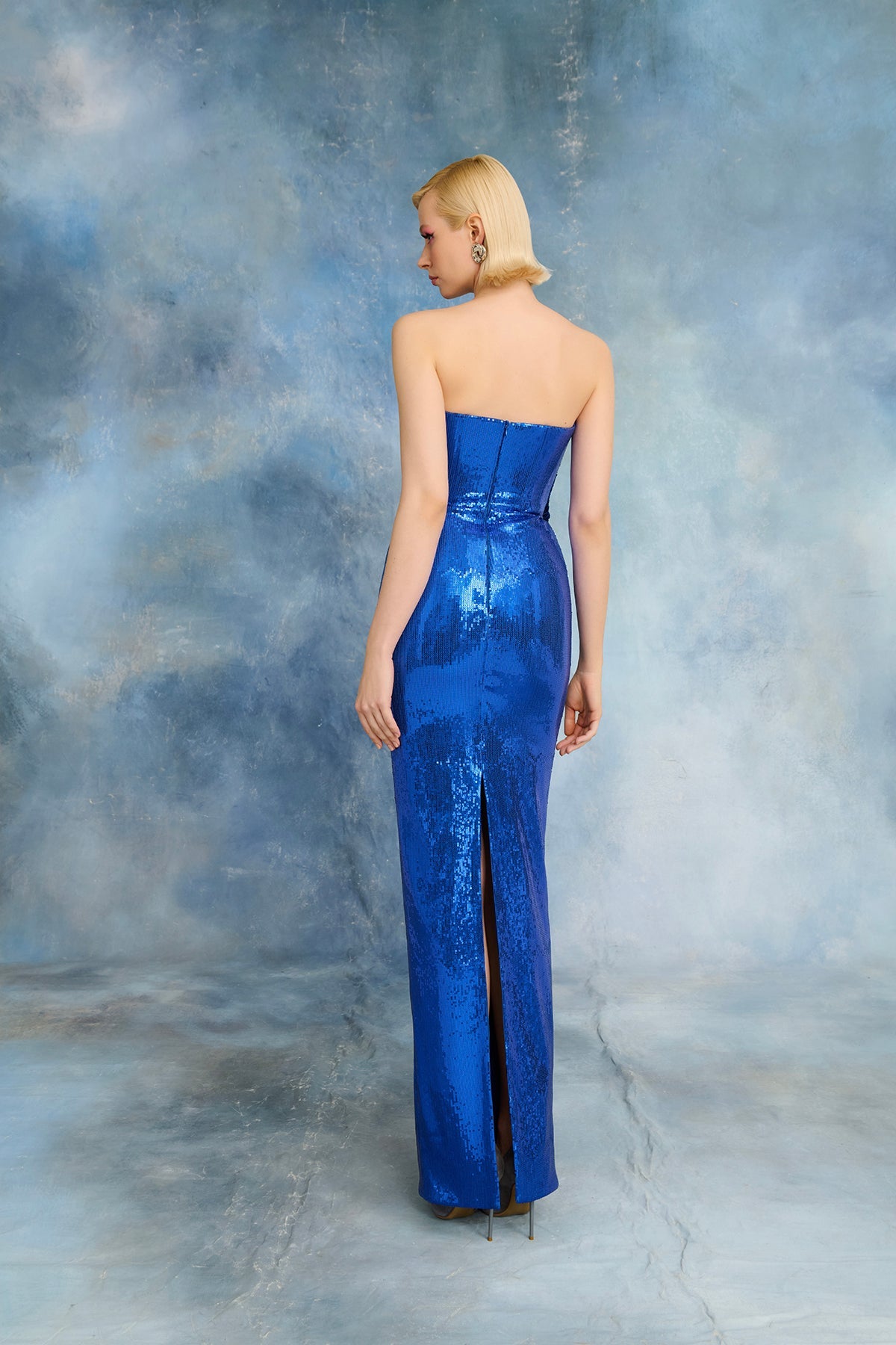 Nour Fathallah N0716 - Royal Blue Sequin Gown with Plunge Neckline