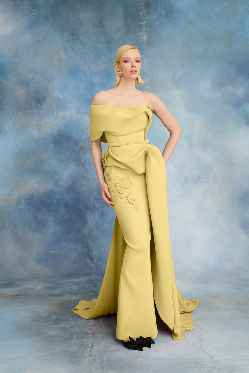 Nour Fathallah N0717 - Crimson Red Gown with Draped Train & Floral Appliqué