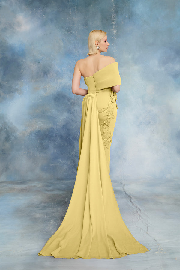 Nour Fathallah N0717 - Crimson Red Gown with Draped Train & Floral Appliqué