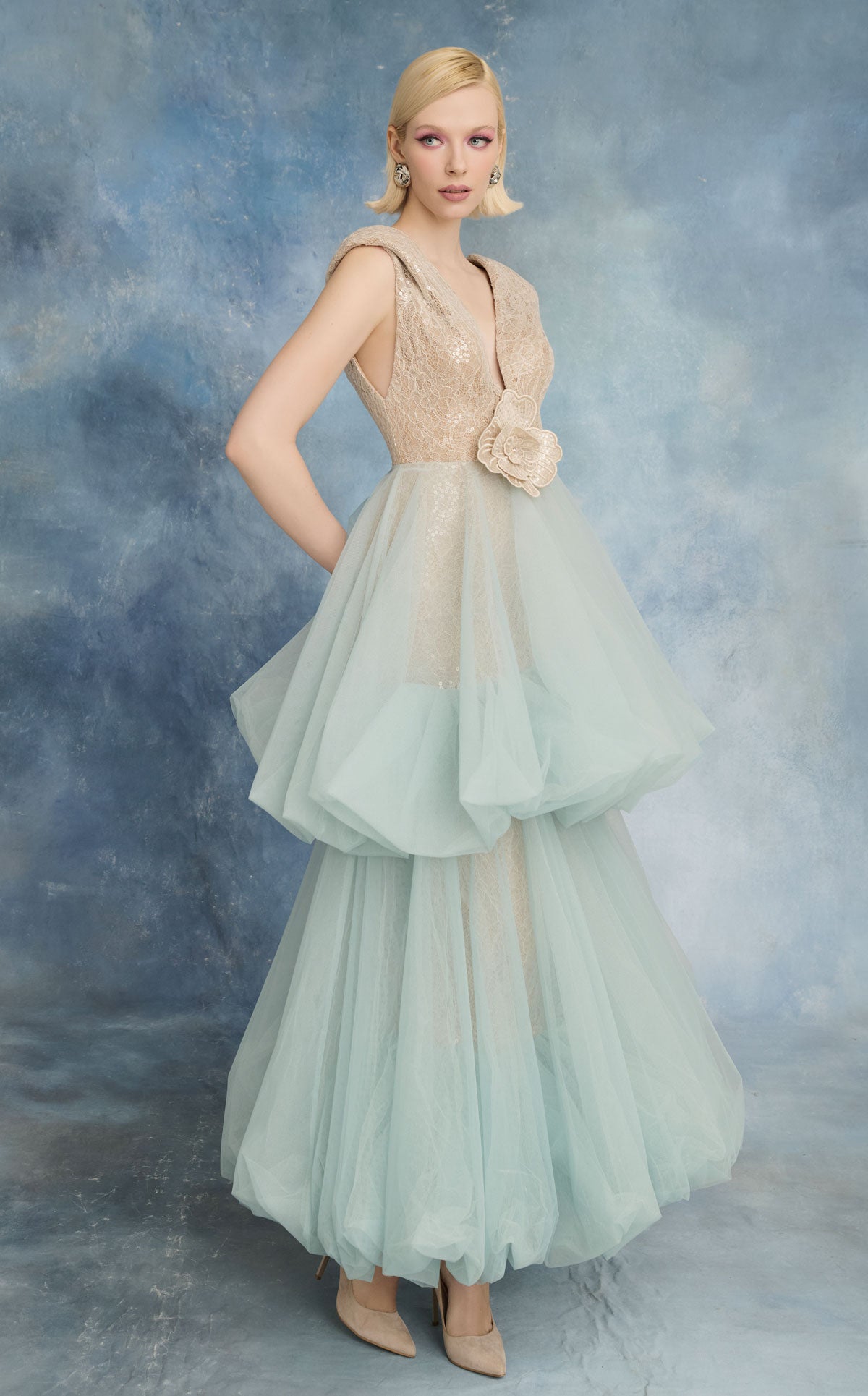 Nour Fathallah N0719 - Mint Lace & Tulle Dress with V-Neckline