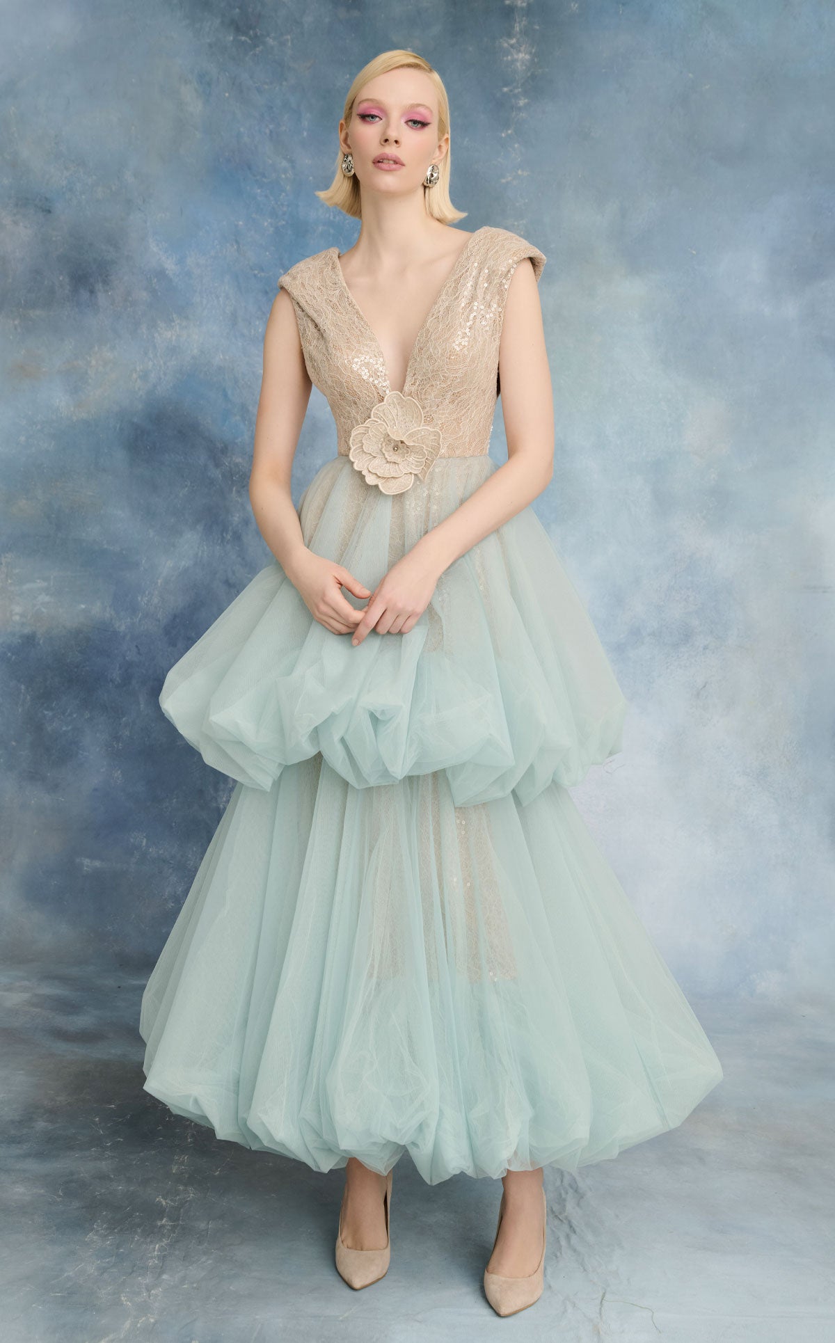 Nour Fathallah N0719 - Mint Lace & Tulle Dress with V-Neckline