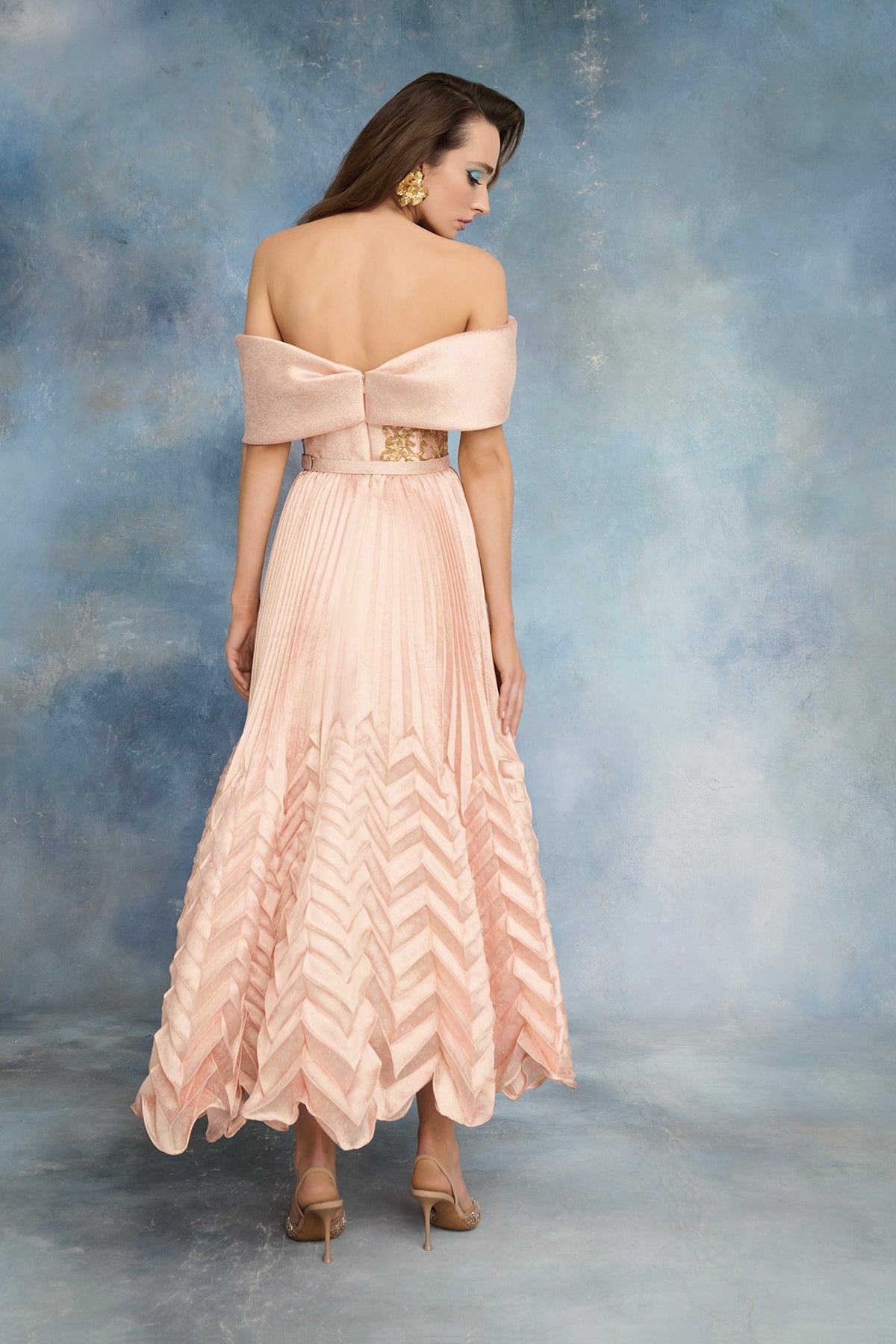 Nour Fathallah N0739 - Soft Blush Off-Shoulder Jacquard Dress