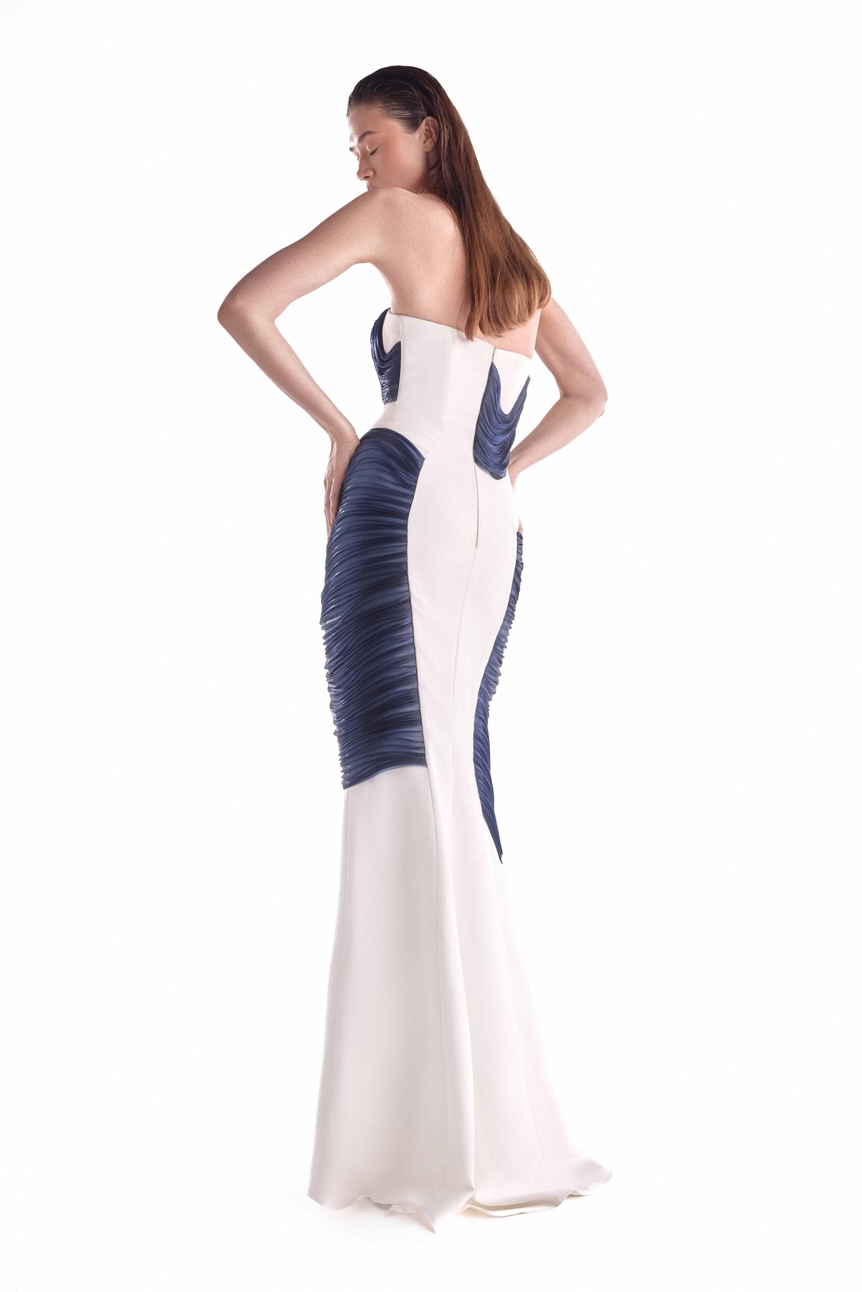 Ocean Etched Off-White Dress, with Royal Blue Fluid Organza Sculpture G2142