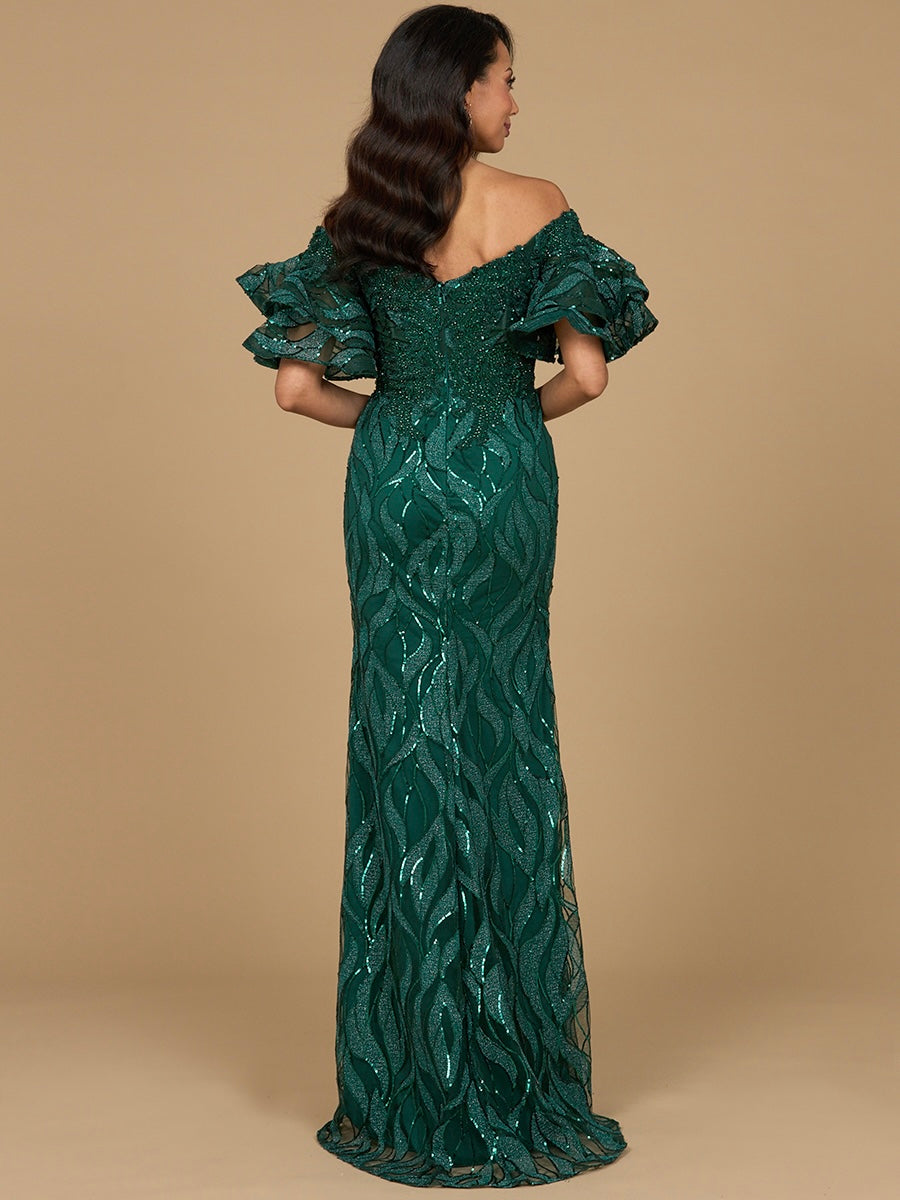 Off Shoulder Mermaid Beaded Gown with Tiered Sleeves 29190