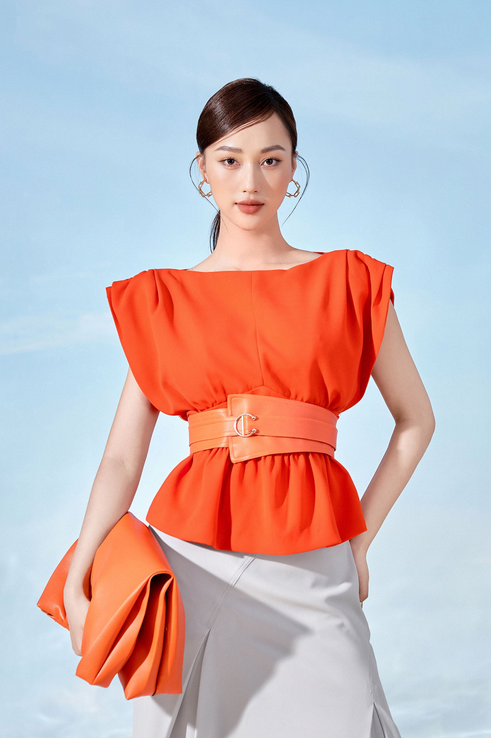 Orange Boat-neck Blouser Cream Lopsided Skirt