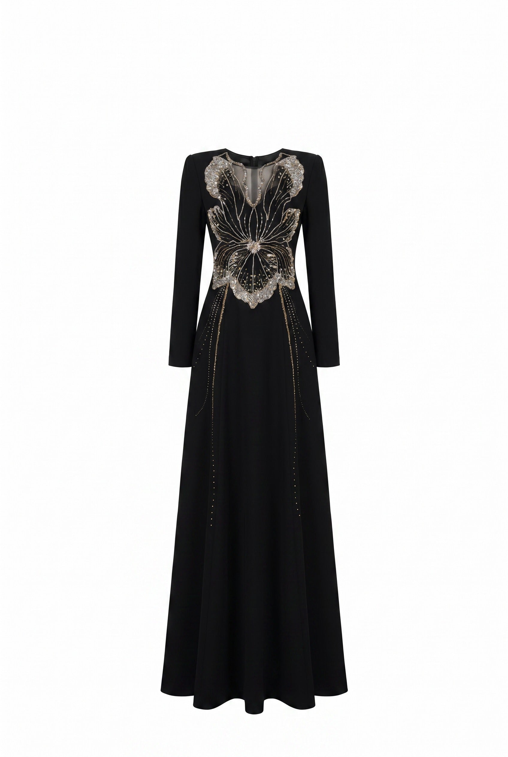 Orchid Embellished Black Long Sleeve Maxi Gown