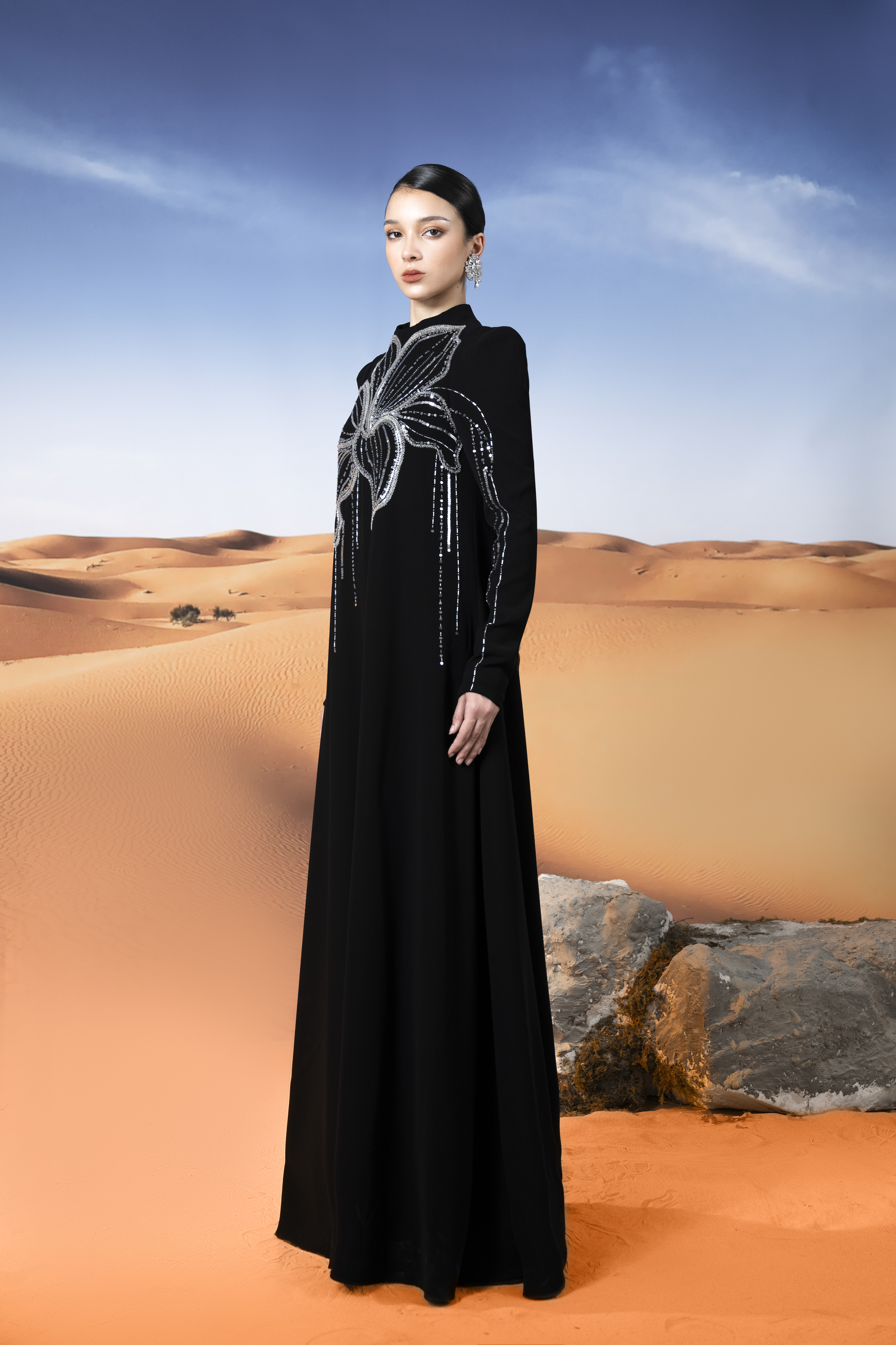 Orchid Embellished Black Long Sleeve Maxi Gown