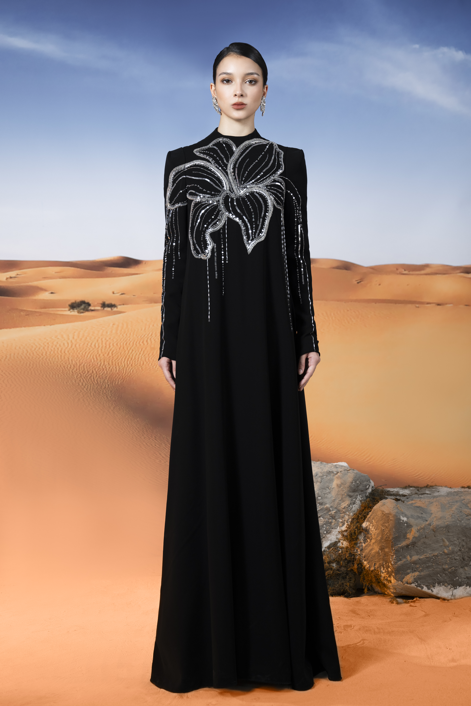 Orchid Embellished Black Long Sleeve Maxi Gown