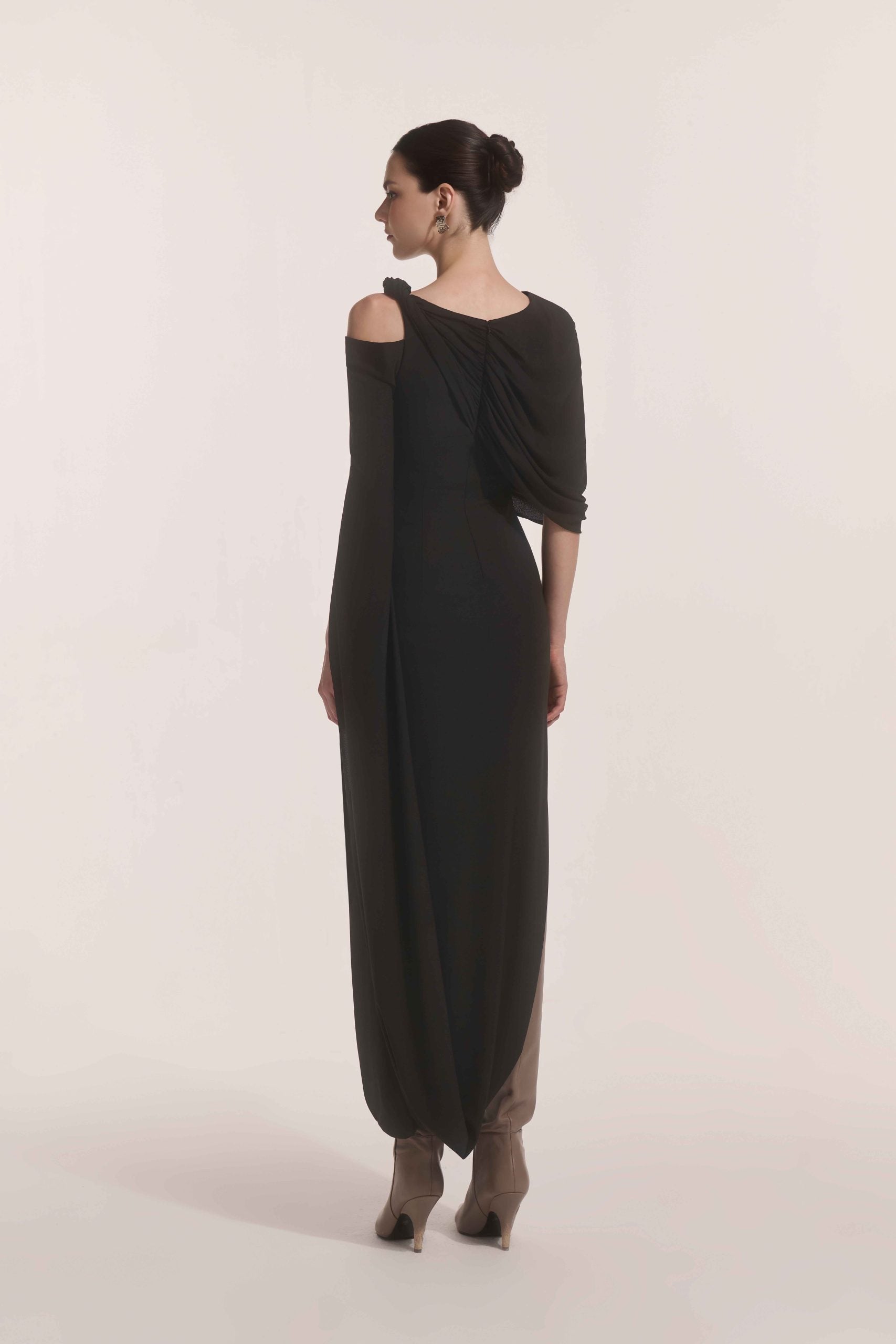 Orion Draped Shoulder Dress in Black