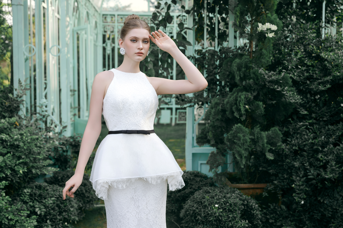 Ory Set – Lace Peplum Column Gown with Bow Belt