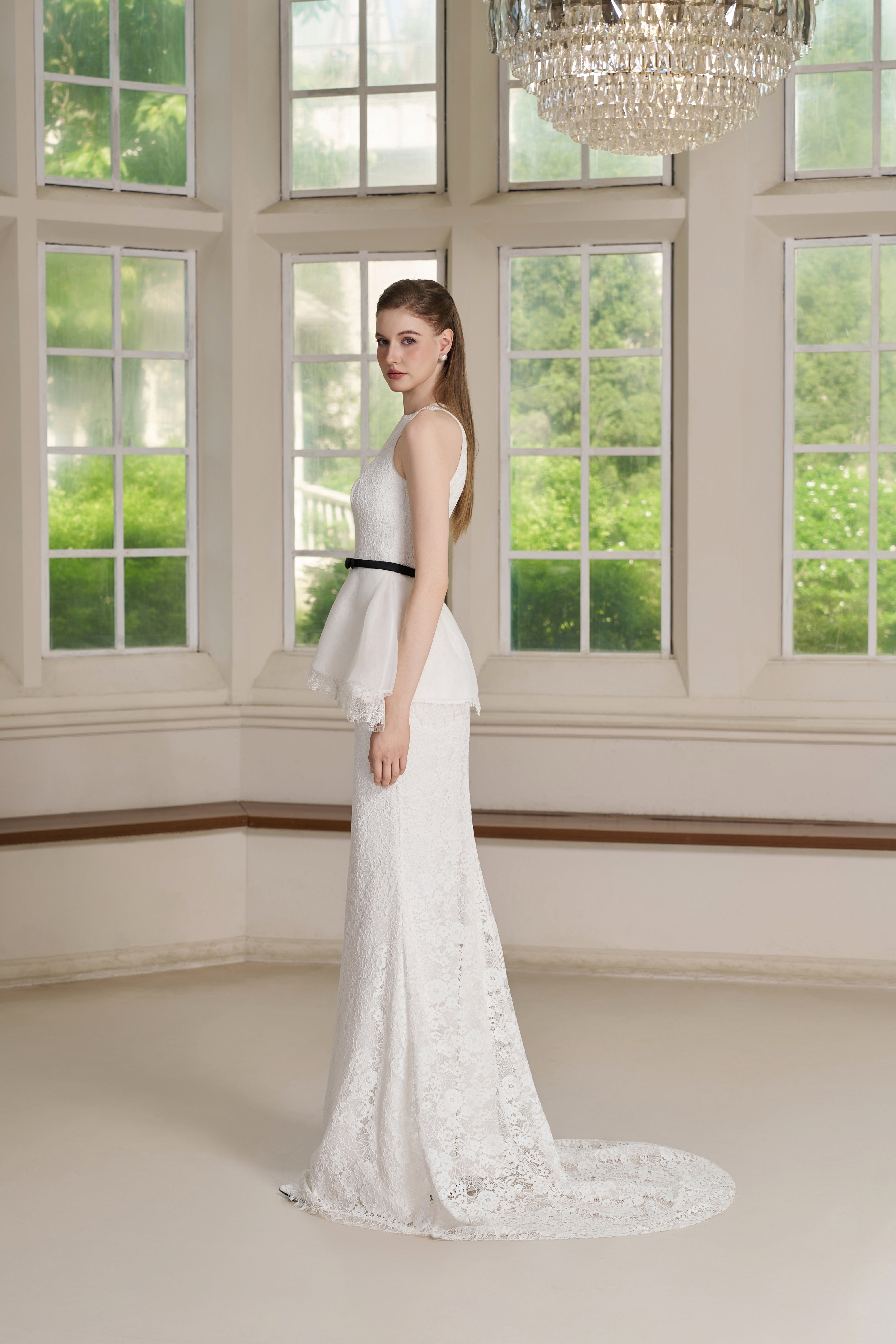 Ory Set – Lace Peplum Column Gown with Bow Belt