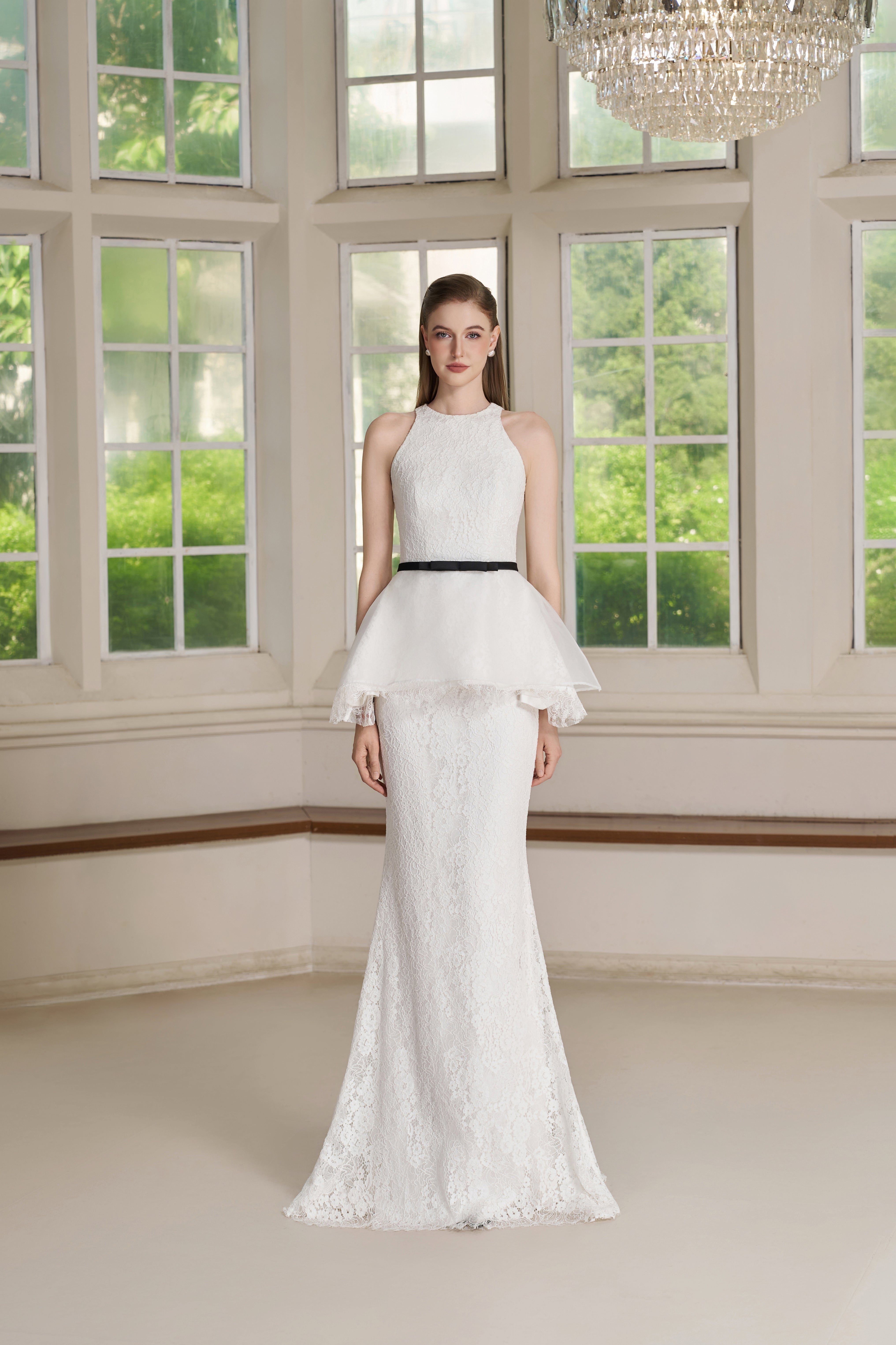 Ory Set – Lace Peplum Column Gown with Bow Belt