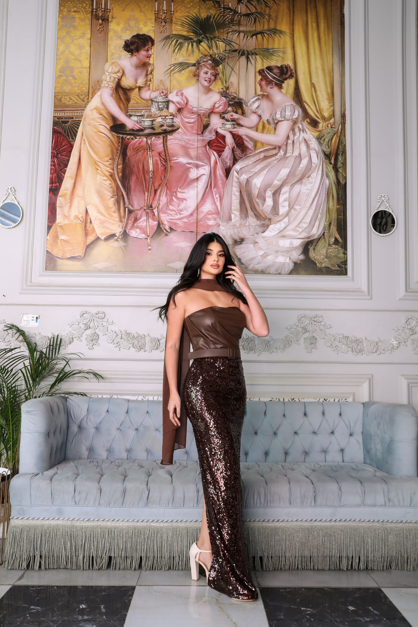 Brown Strapless Evening Gown N0629