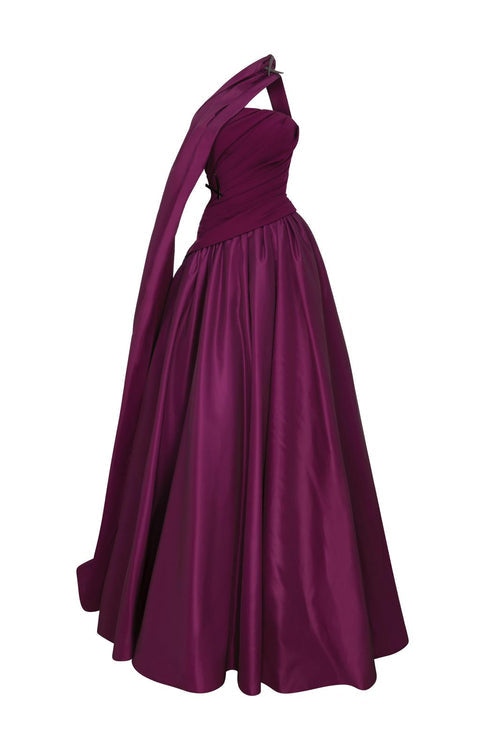 Purple Satin A-Line Gown with Draped Train E0089