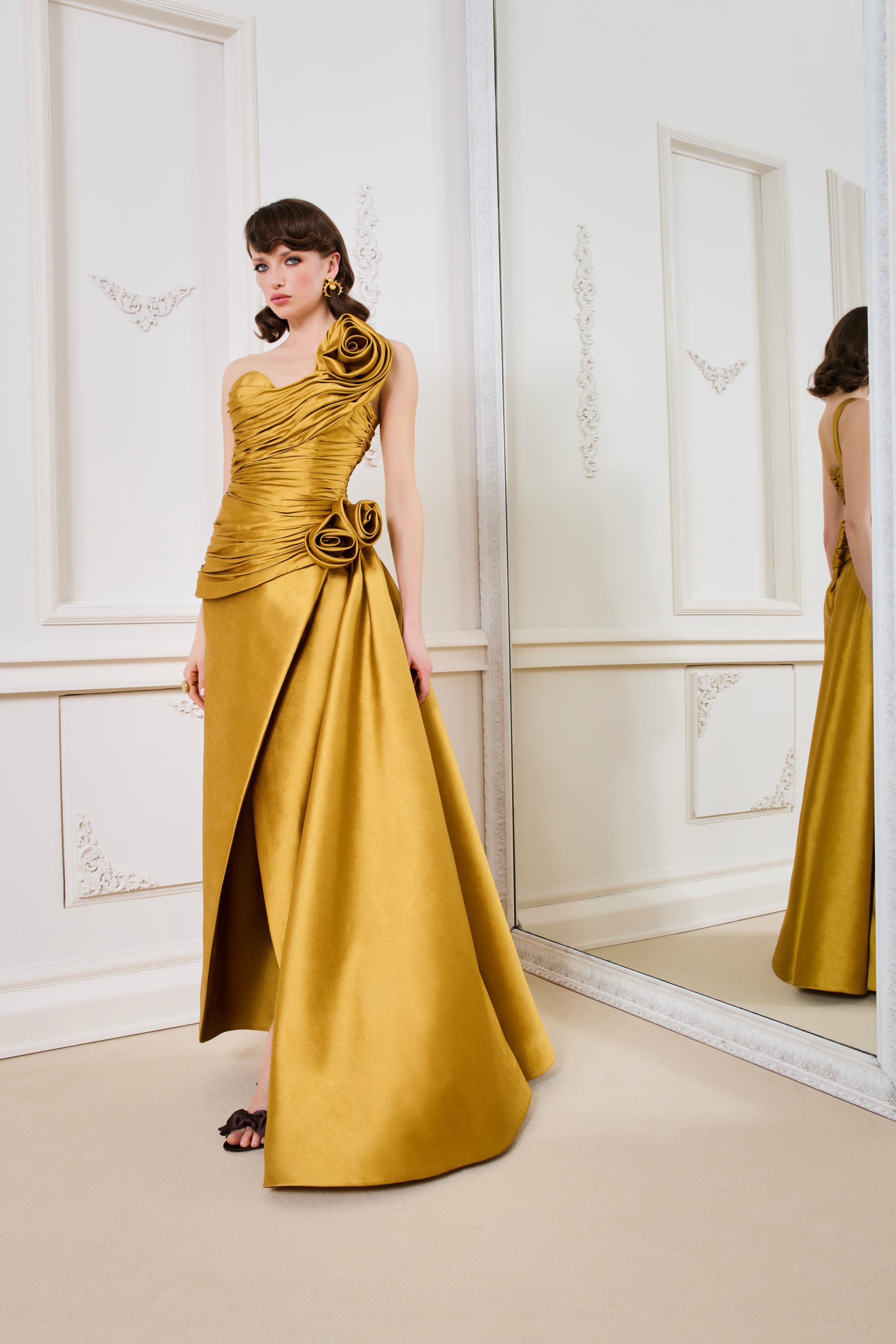 Fouad Sarkis F02923A Satin Column Wrap Gown with Side-Bustle & Rosettes