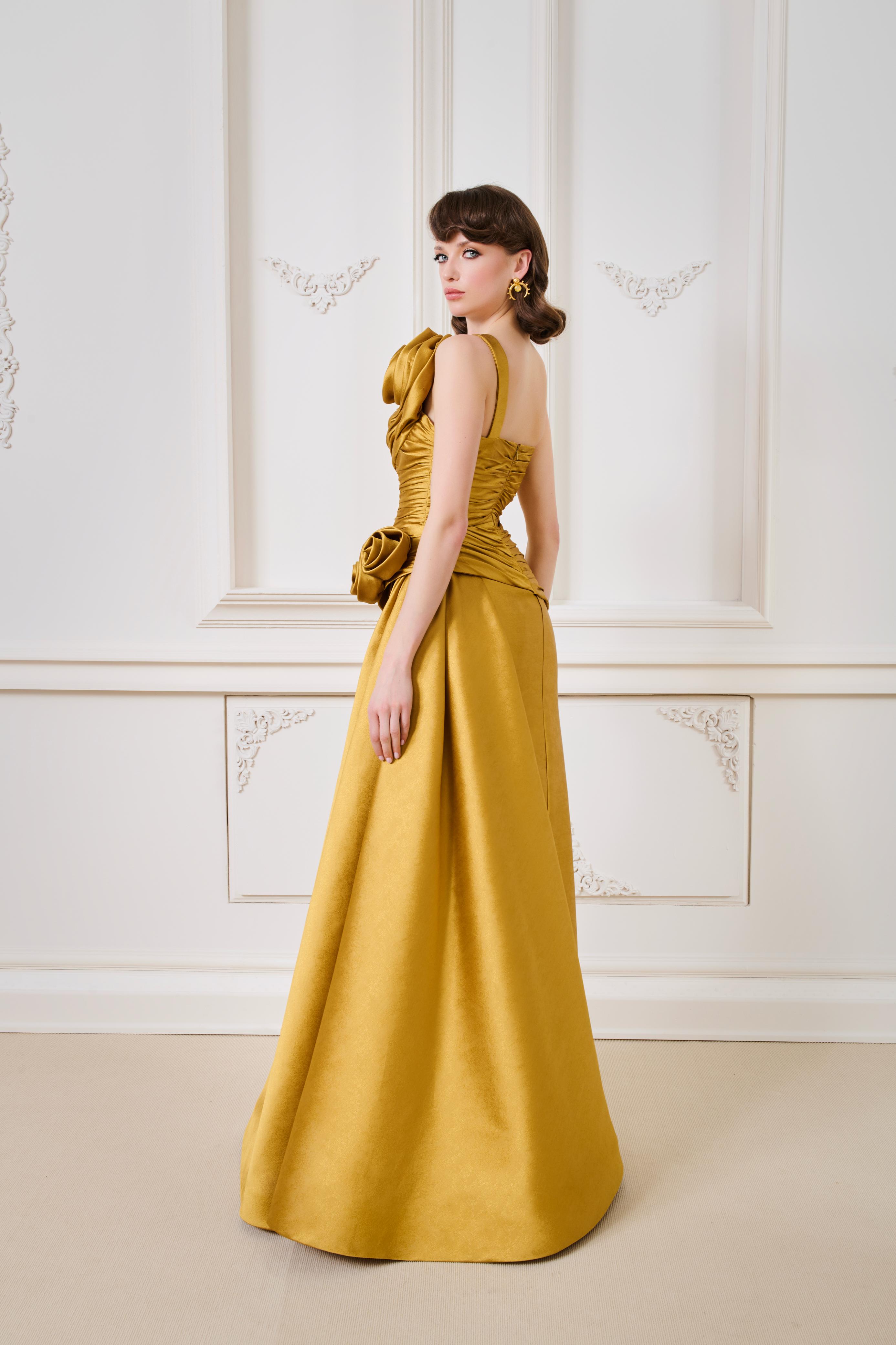 Fouad Sarkis F02923A Satin Column Wrap Gown with Side-Bustle & Rosettes