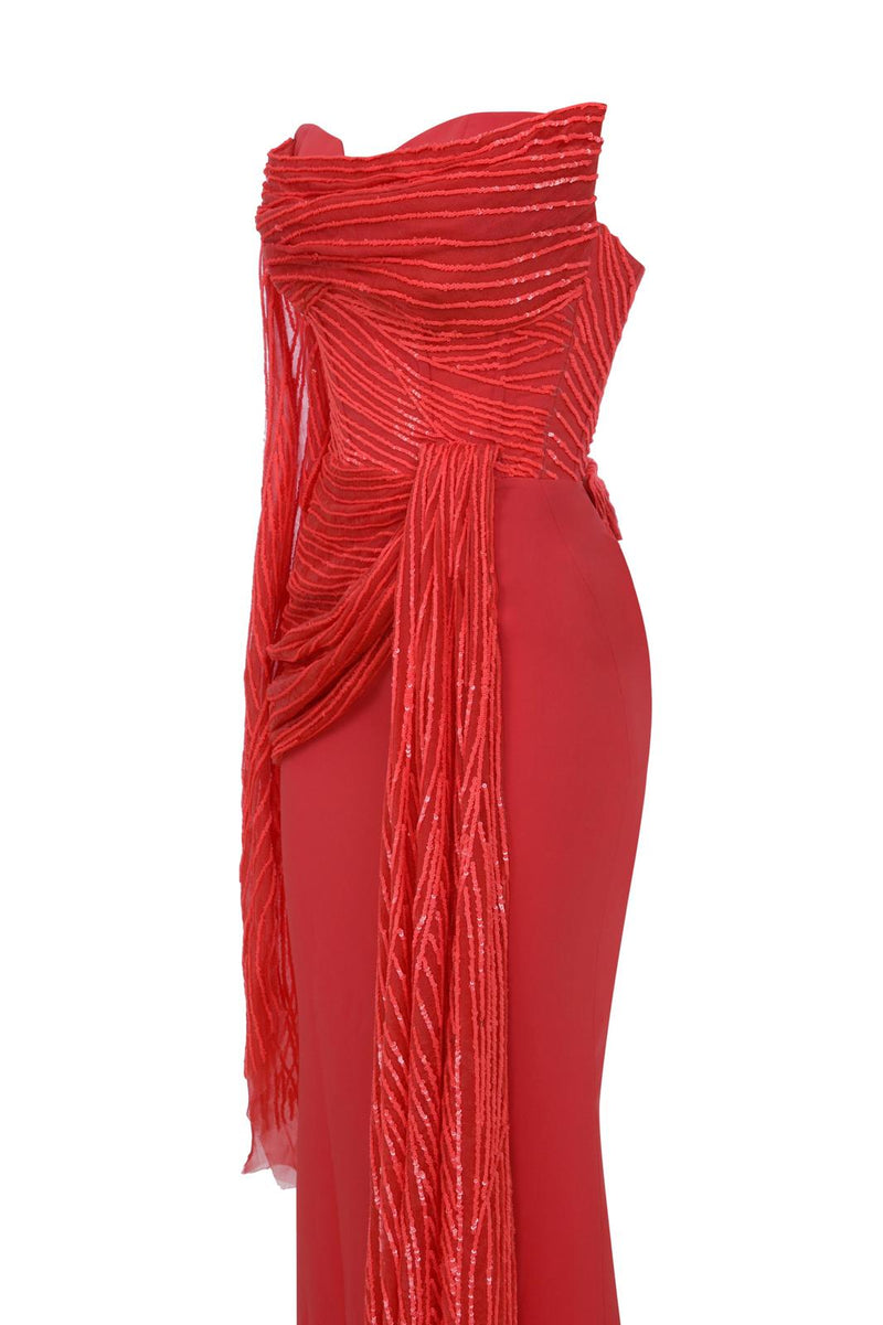 Luxurious Crimson Masterpiece with Cascading Organza E0104