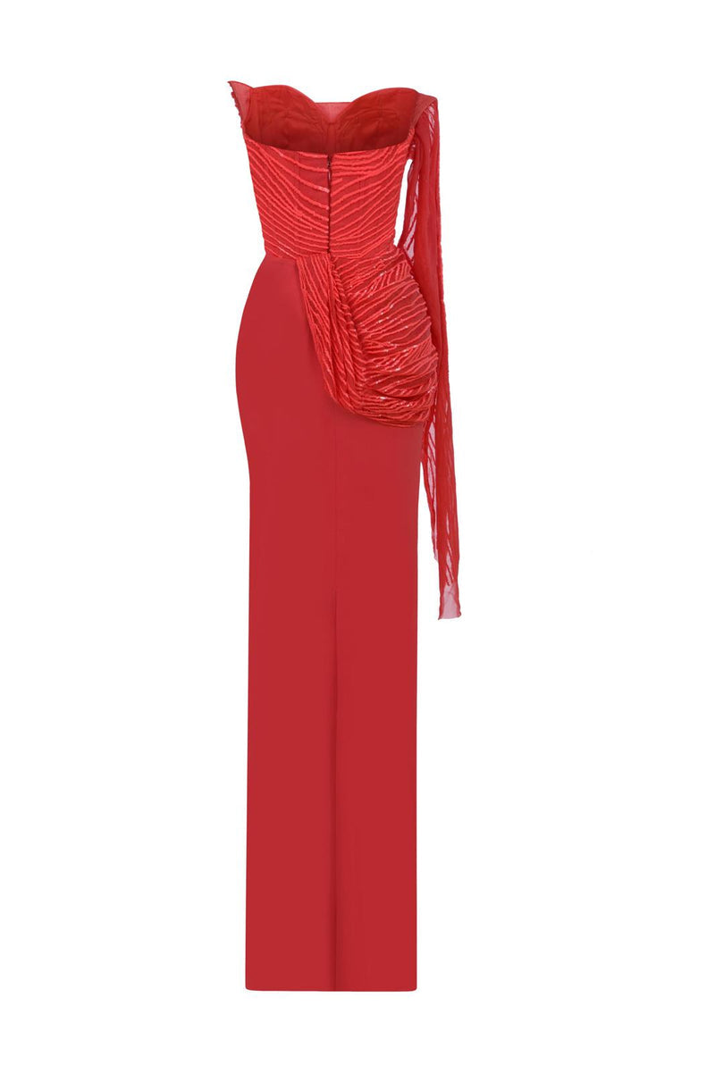 Luxurious Crimson Masterpiece with Cascading Organza E0104