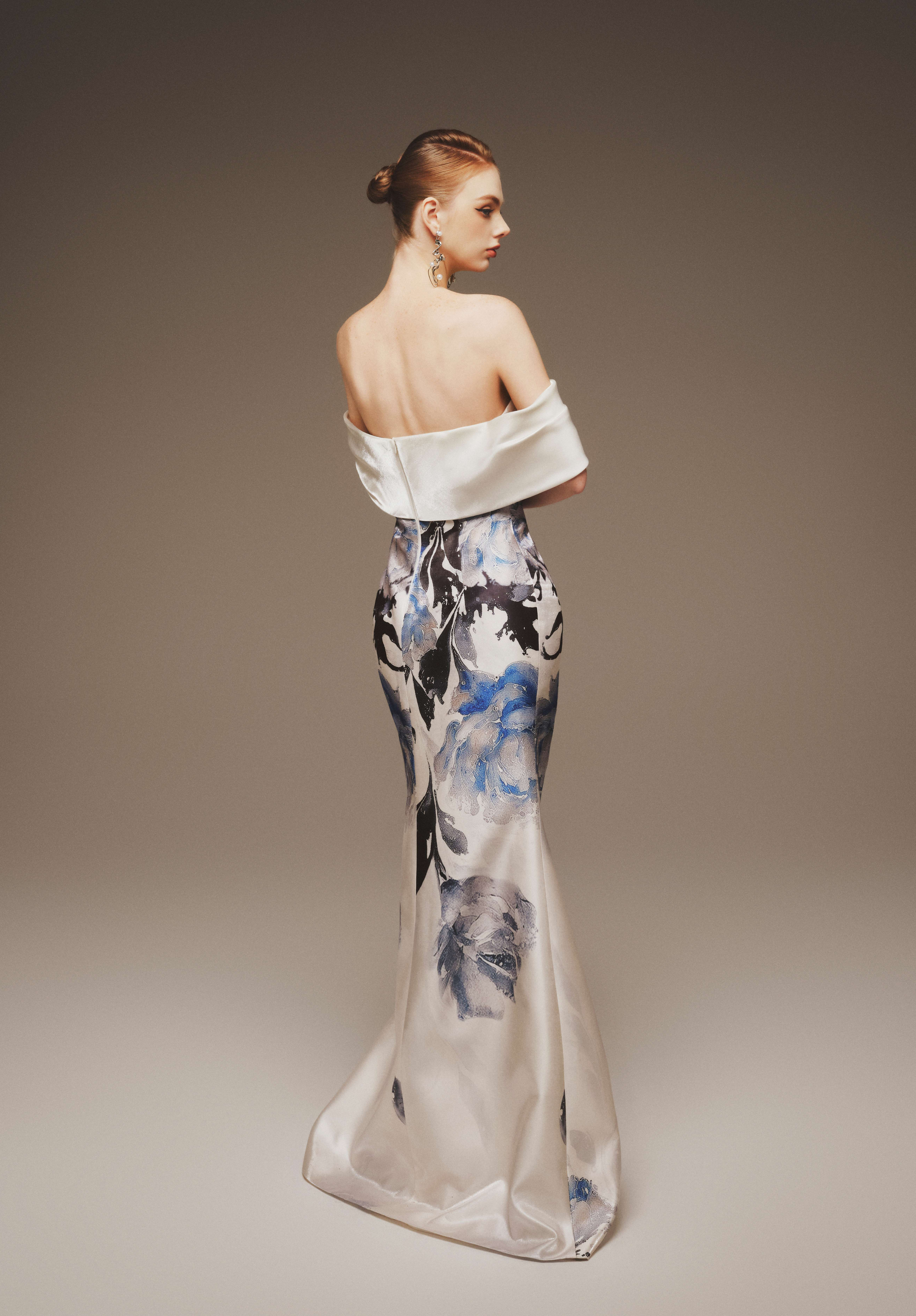 Painterly Print Off-Shoulder Taffeta Gown