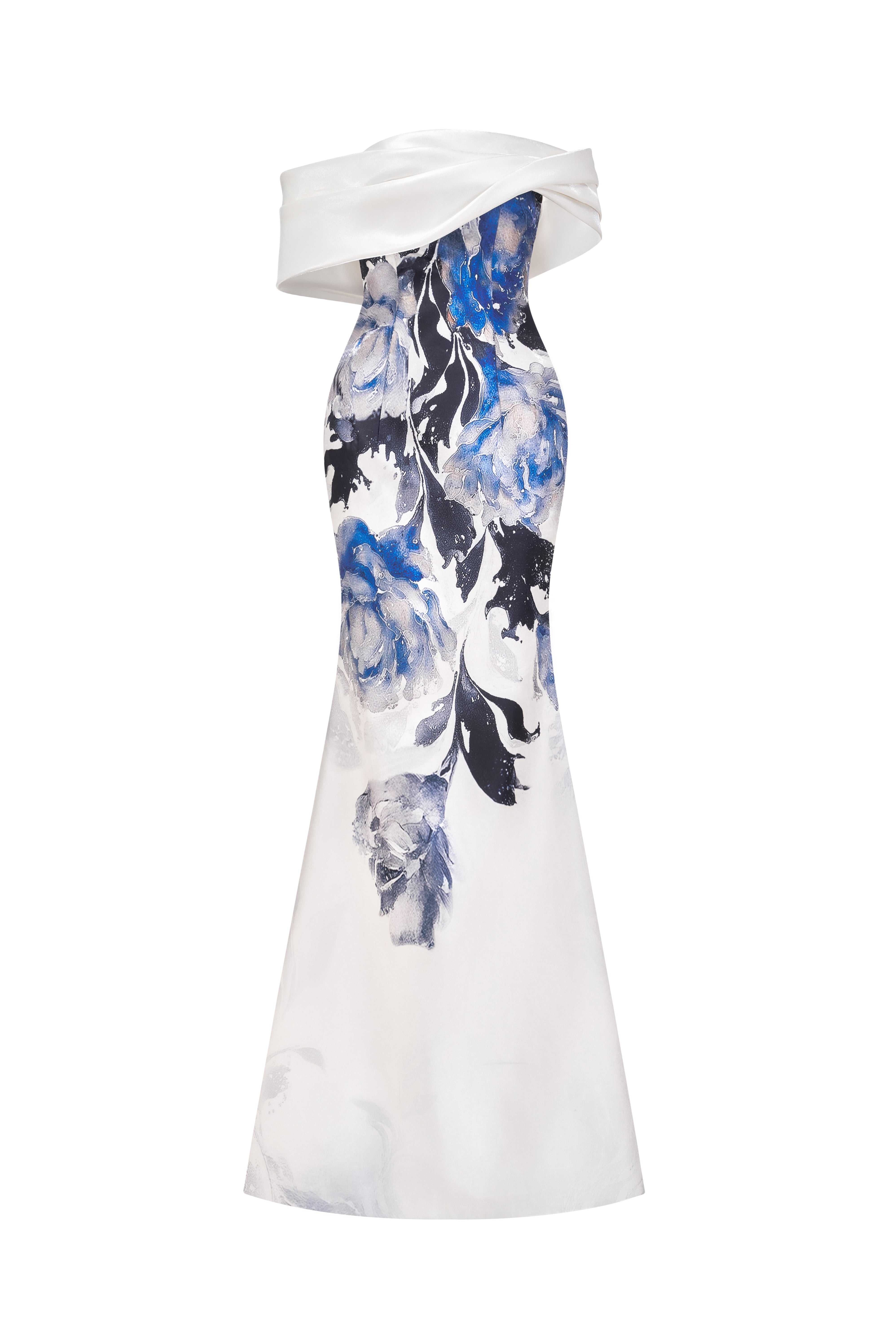 Painterly Print Off-Shoulder Taffeta Gown