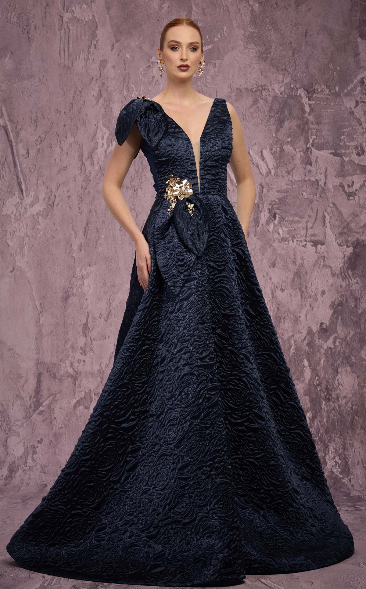 MNM Couture Q1150: Brocade Ballgown with Floral Accents