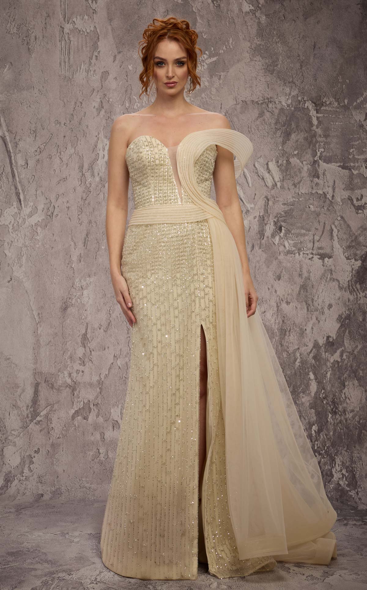 MNM Couture Q1405: Beaded Asymmetrical Strap Gown