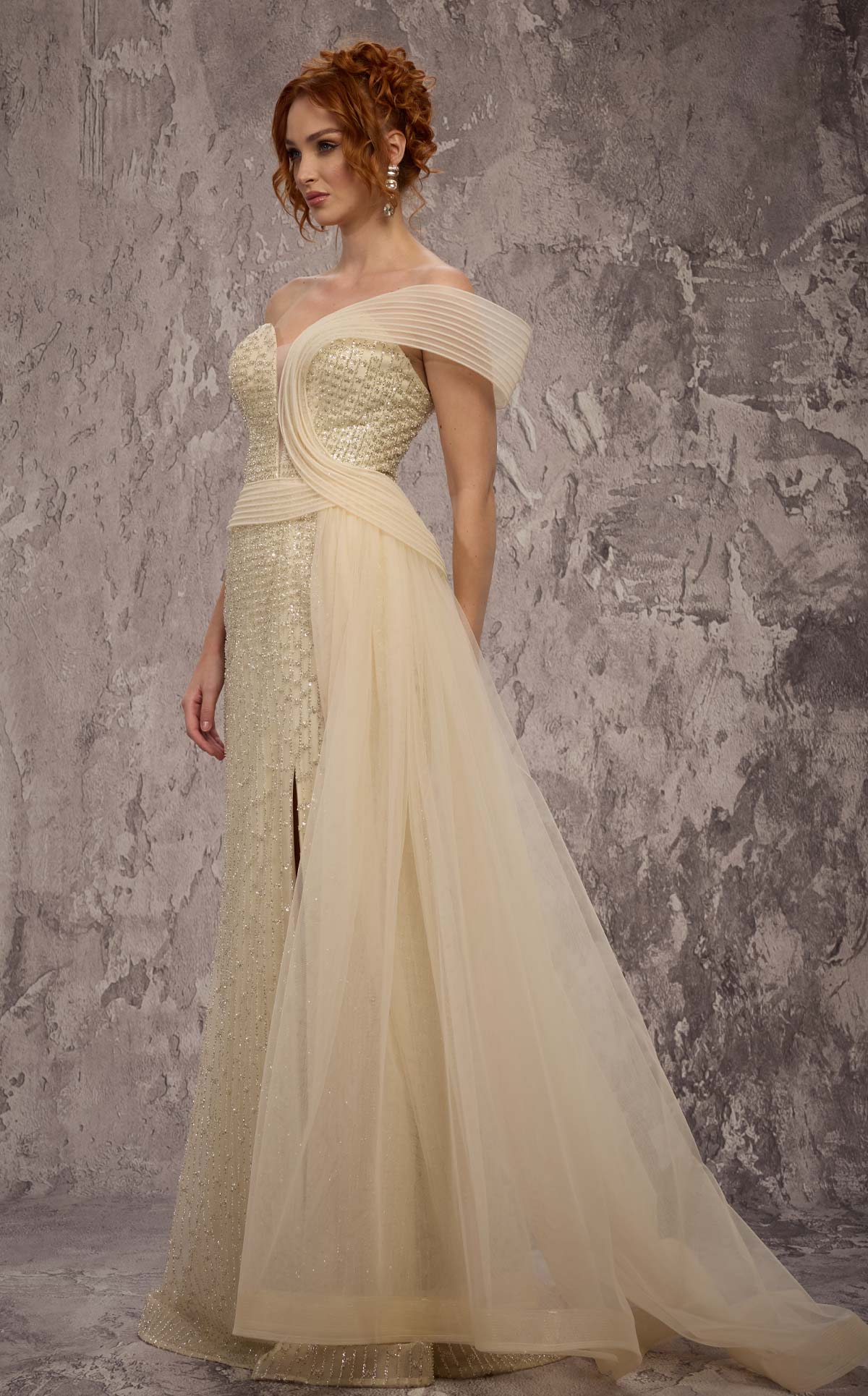 MNM Couture Q1405: Beaded Asymmetrical Strap Gown