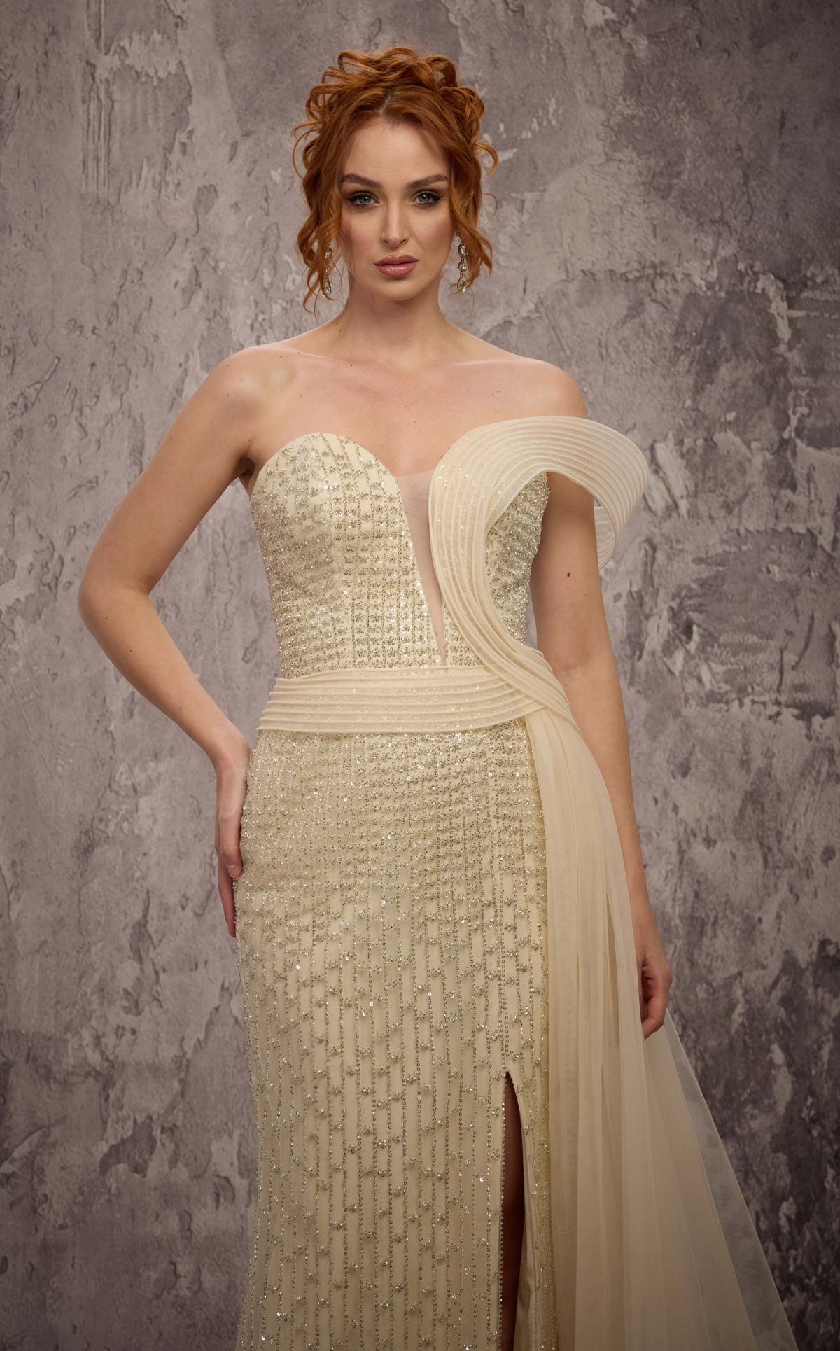 MNM Couture Q1405: Beaded Asymmetrical Strap Gown