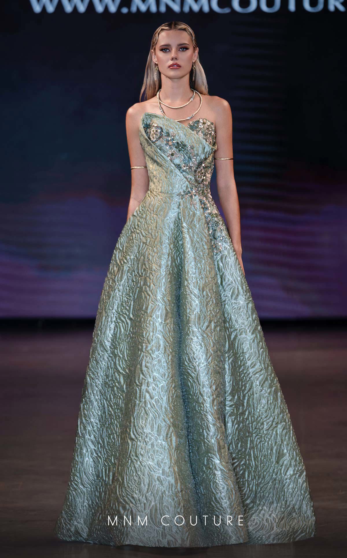 MNM Couture Q3355: Strapless Metallic Brocade Gown