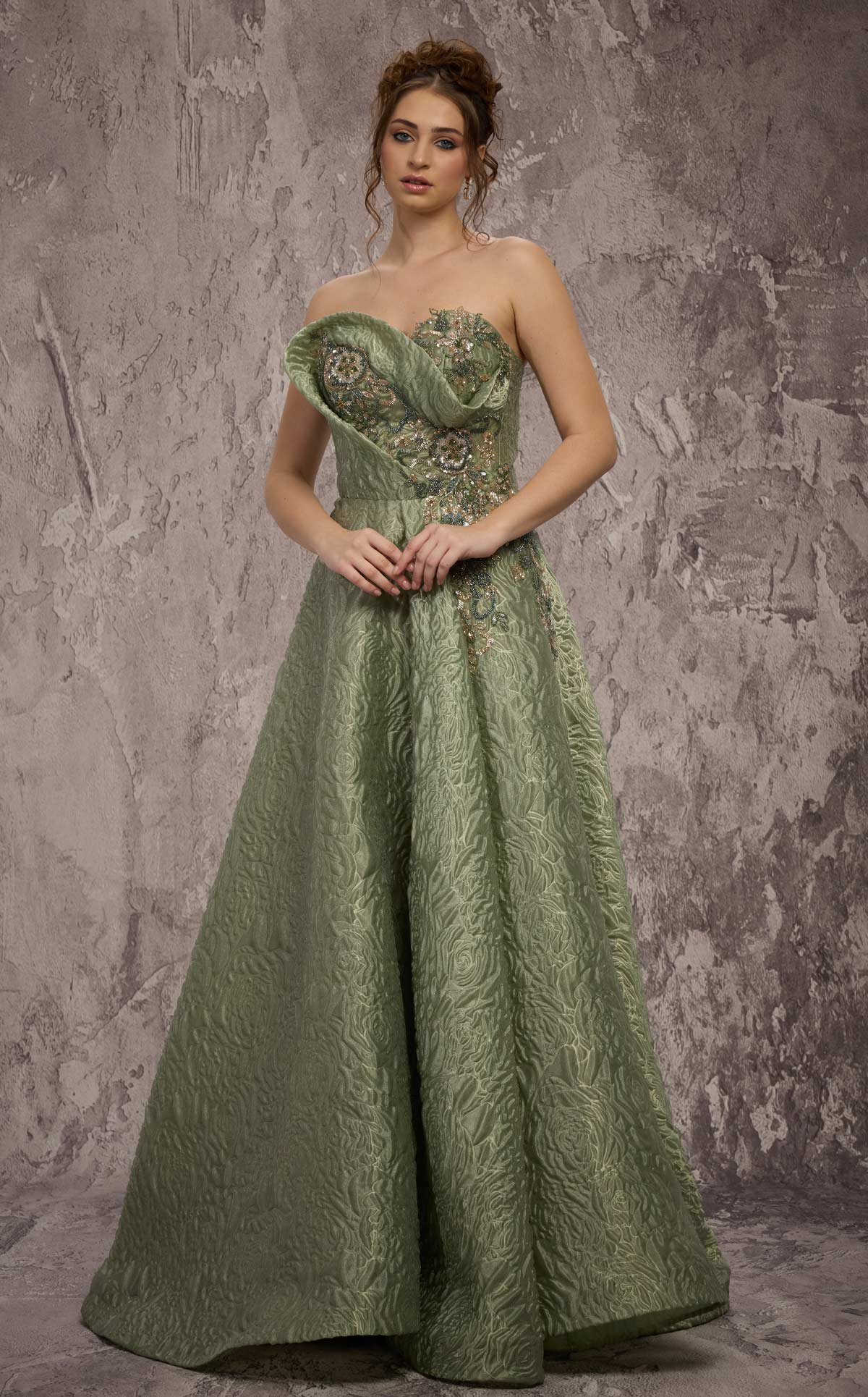 MNM Couture Q3355: Strapless Metallic Brocade Gown