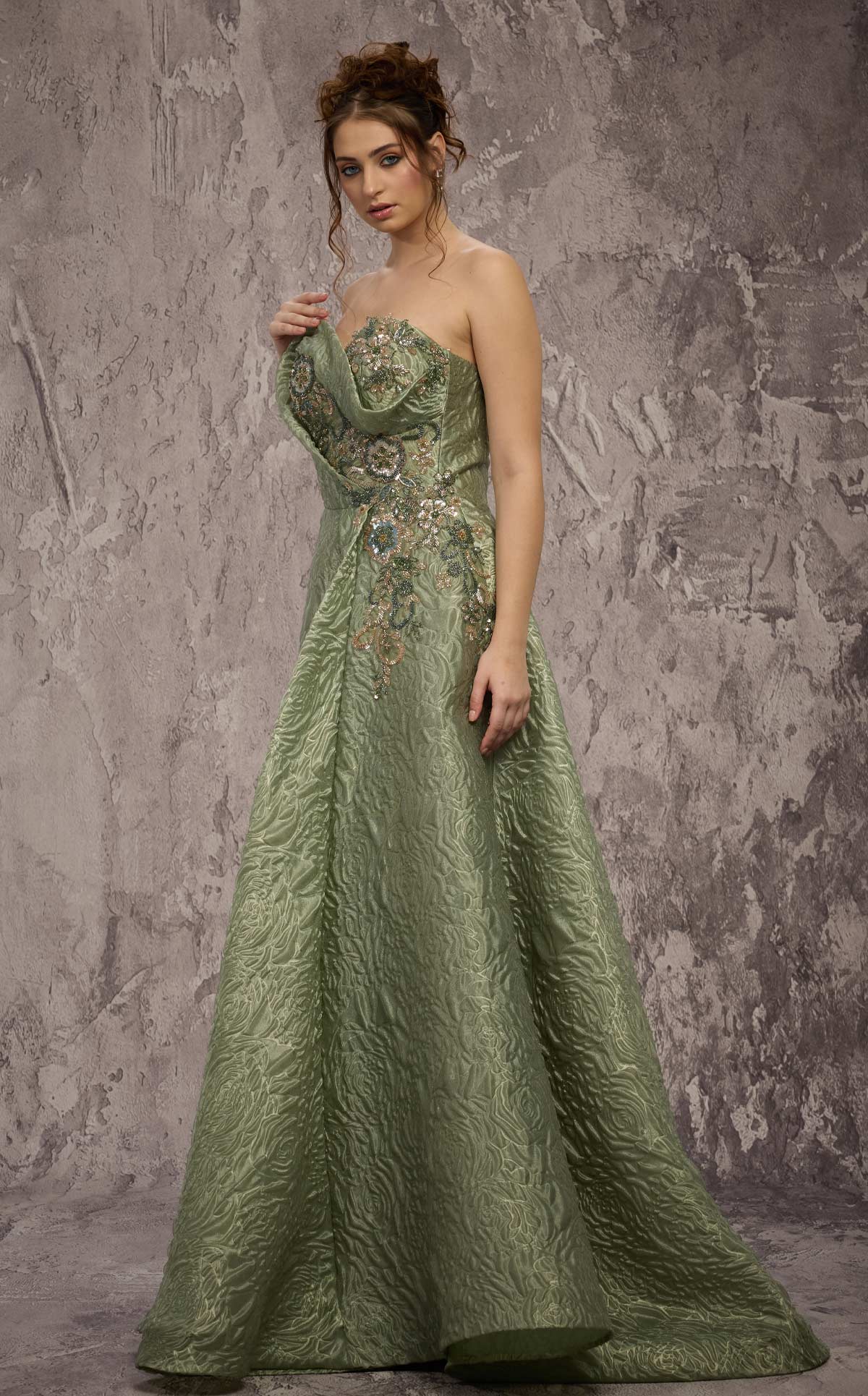 MNM Couture Q3355: Strapless Metallic Brocade Gown