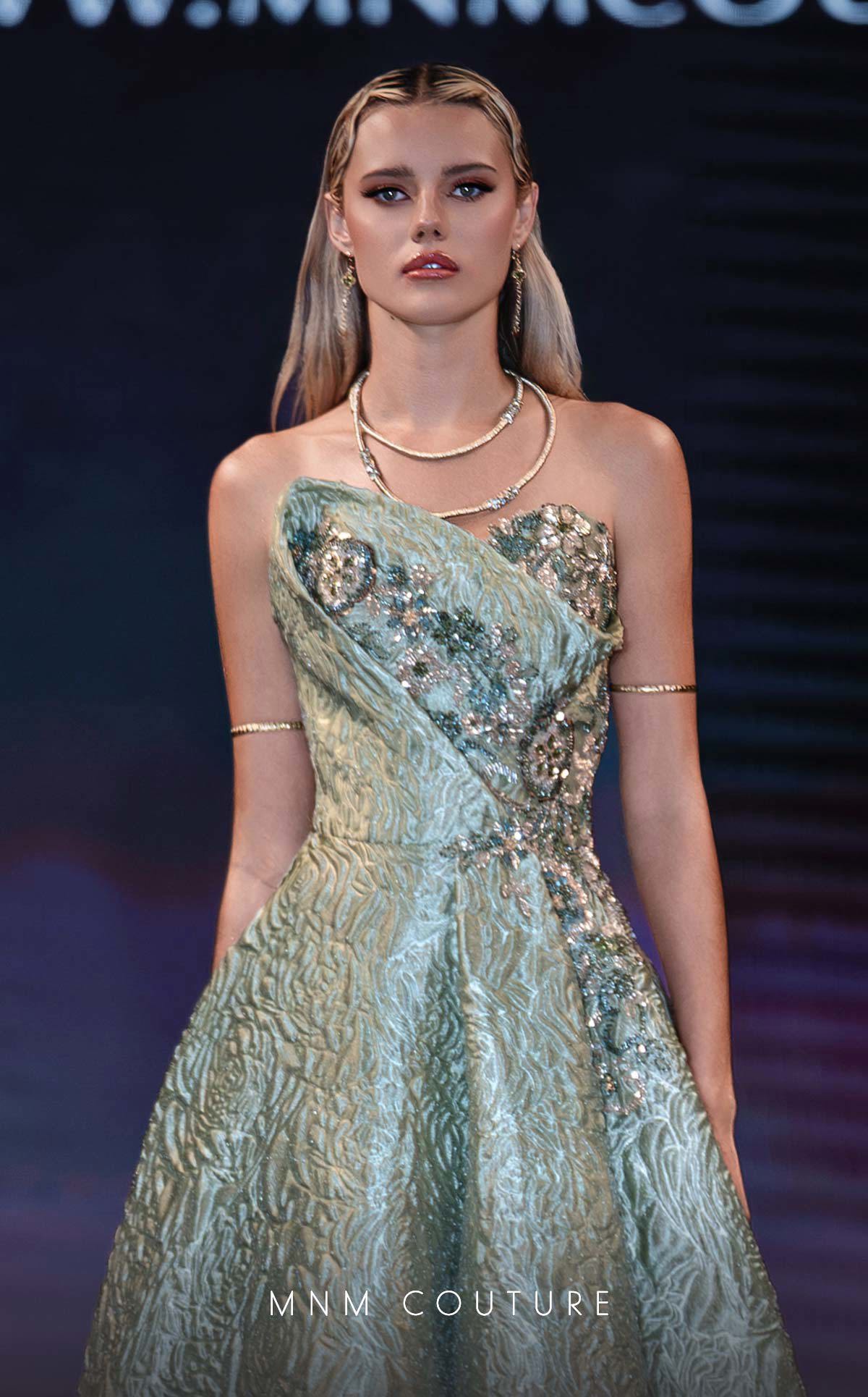 MNM Couture Q3355: Strapless Metallic Brocade Gown