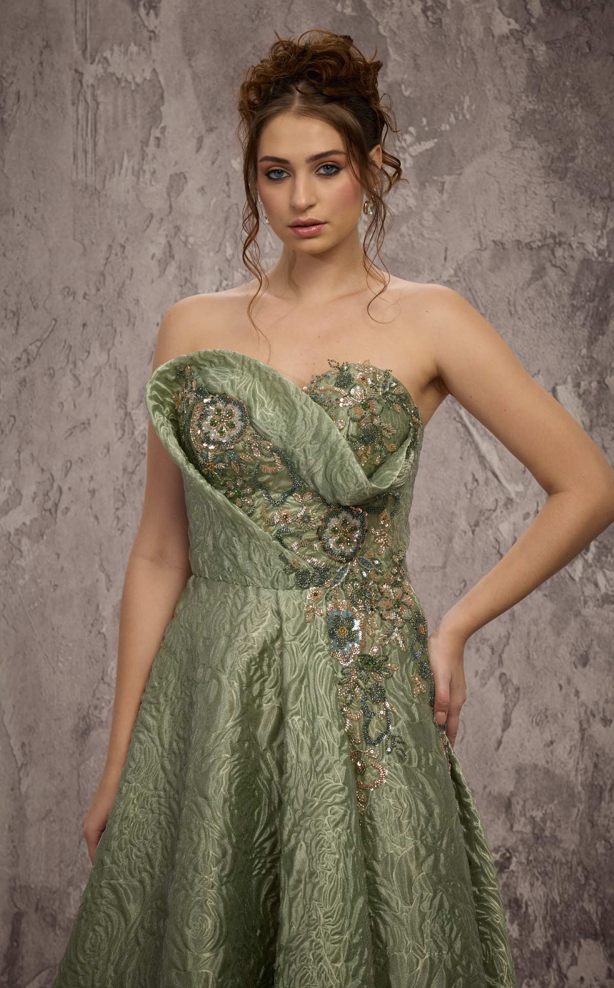 MNM Couture Q3355: Strapless Metallic Brocade Gown
