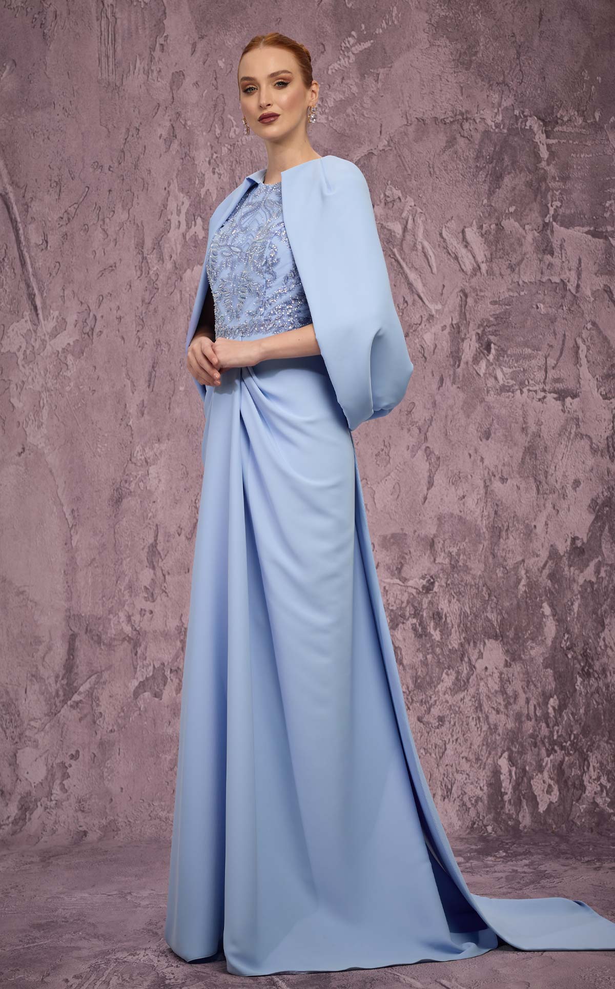 MNM Couture Q7615: Crepe Gown with Cape Sleeves