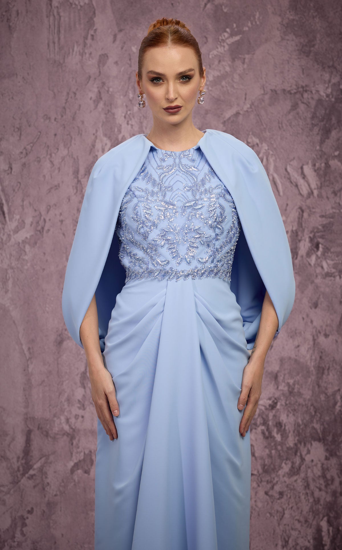 MNM Couture Q7615: Crepe Gown with Cape Sleeves