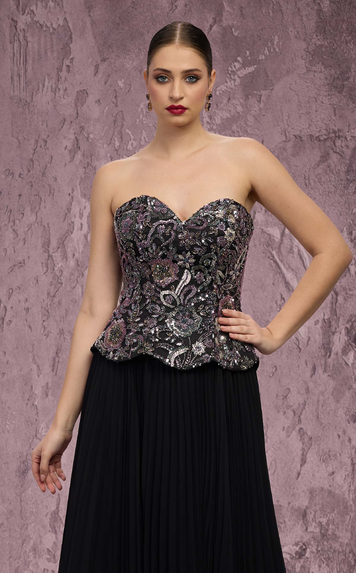 MNM Couture Q7778: Beaded Corset Chiffon Gown