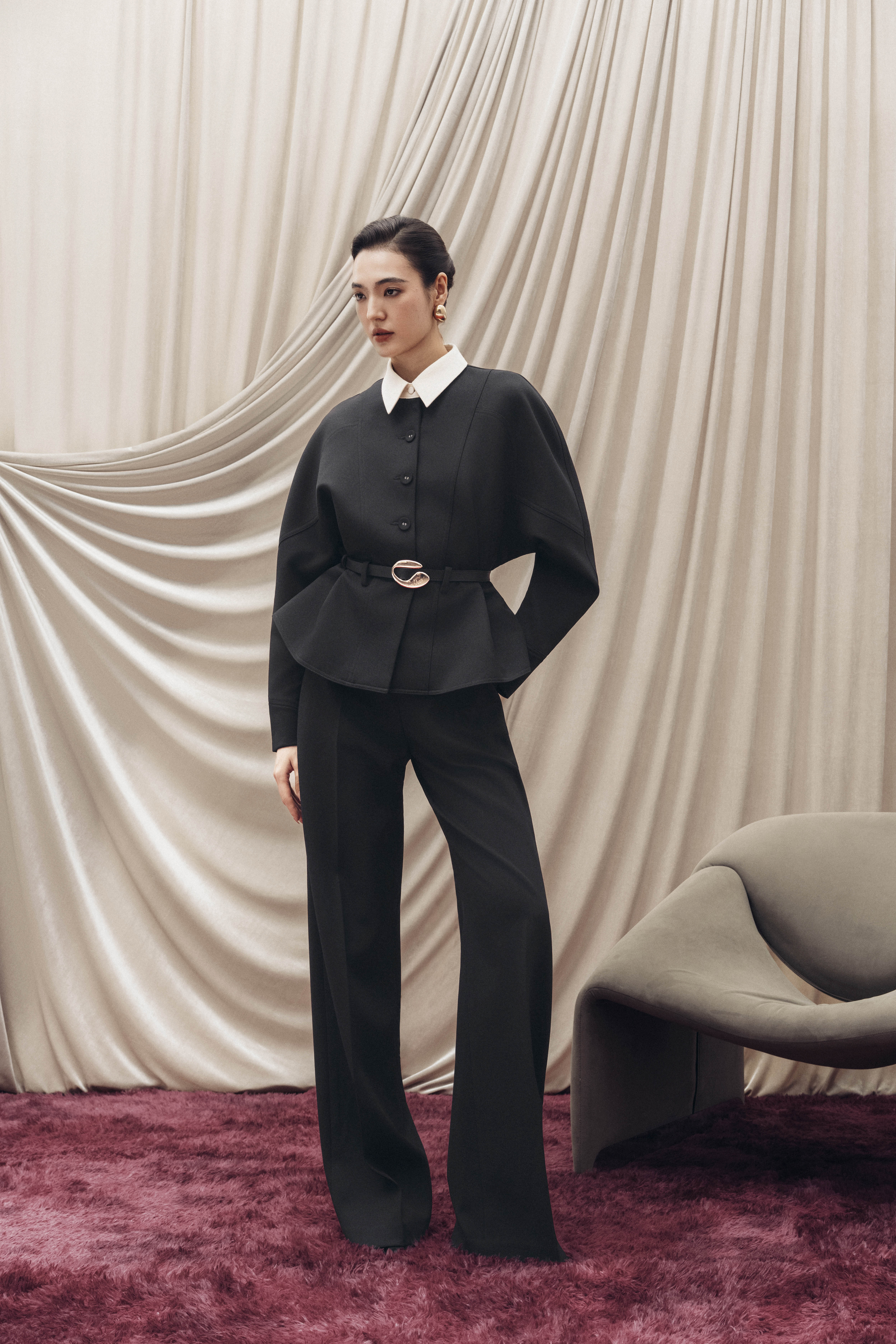 Quilted Structure Short Jacket & Leg Trousers in Black