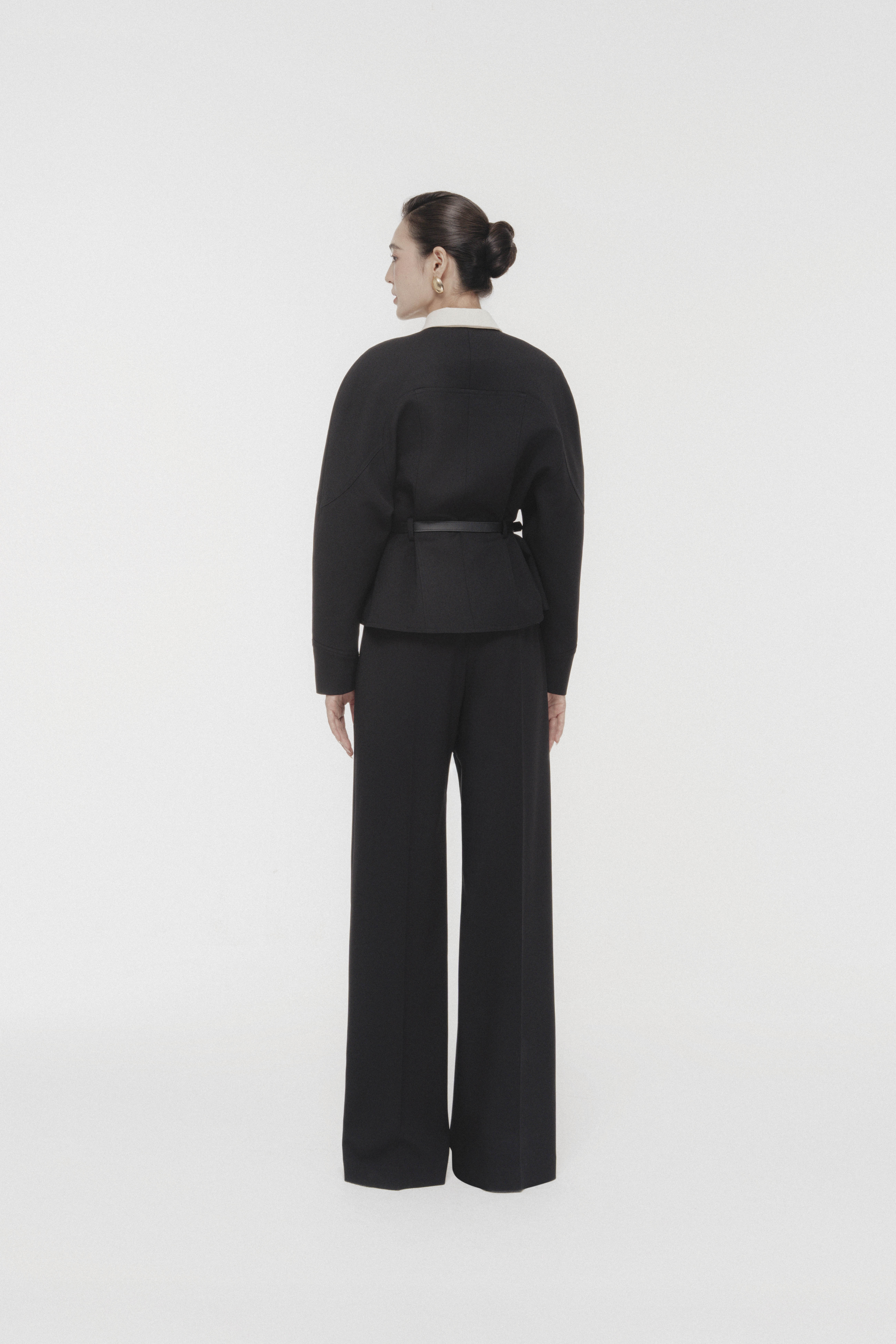Quilted Structure Short Jacket & Leg Trousers in Black