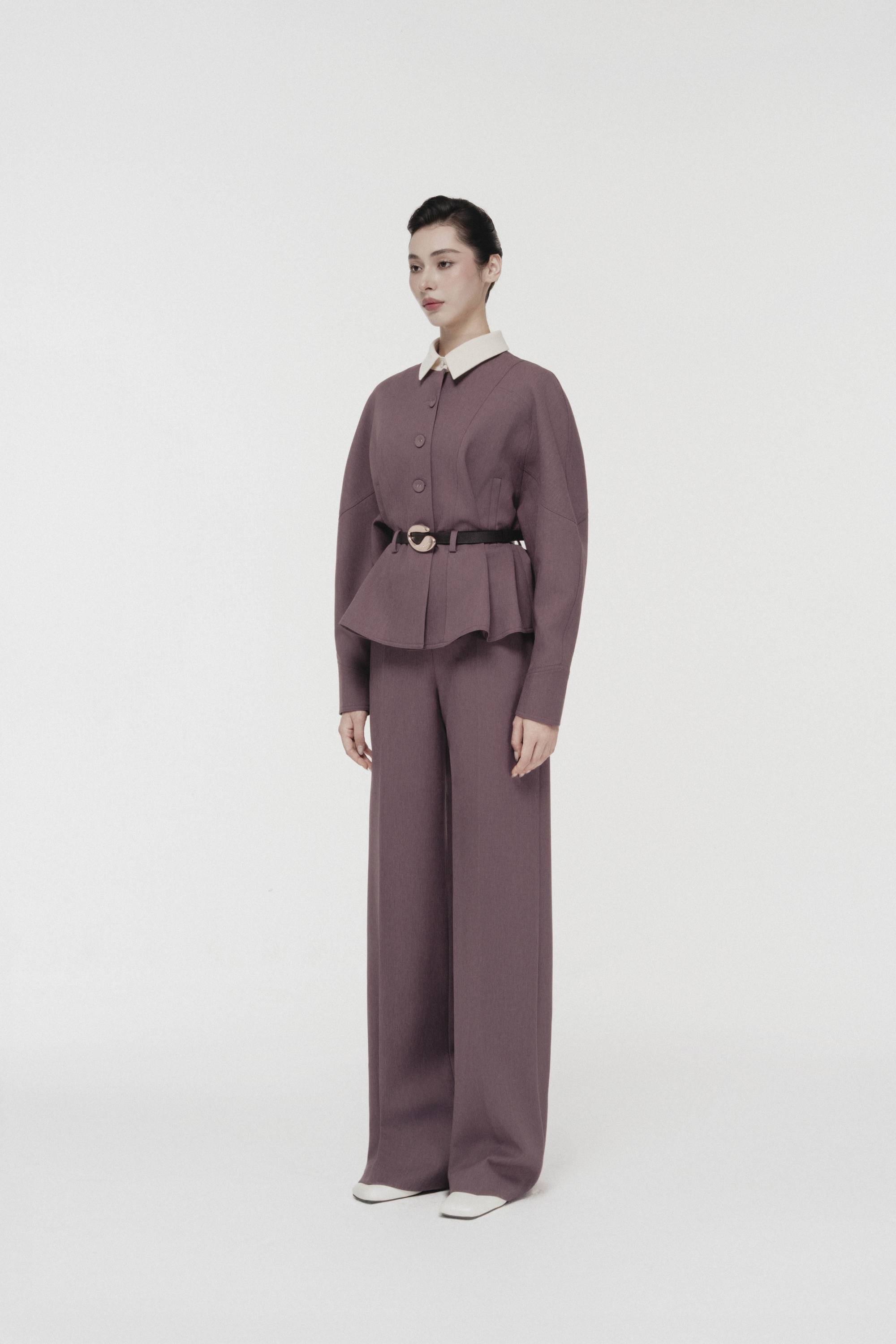 Quilted Structure Short Jacket & Leg Trousers in Rose Taupe
