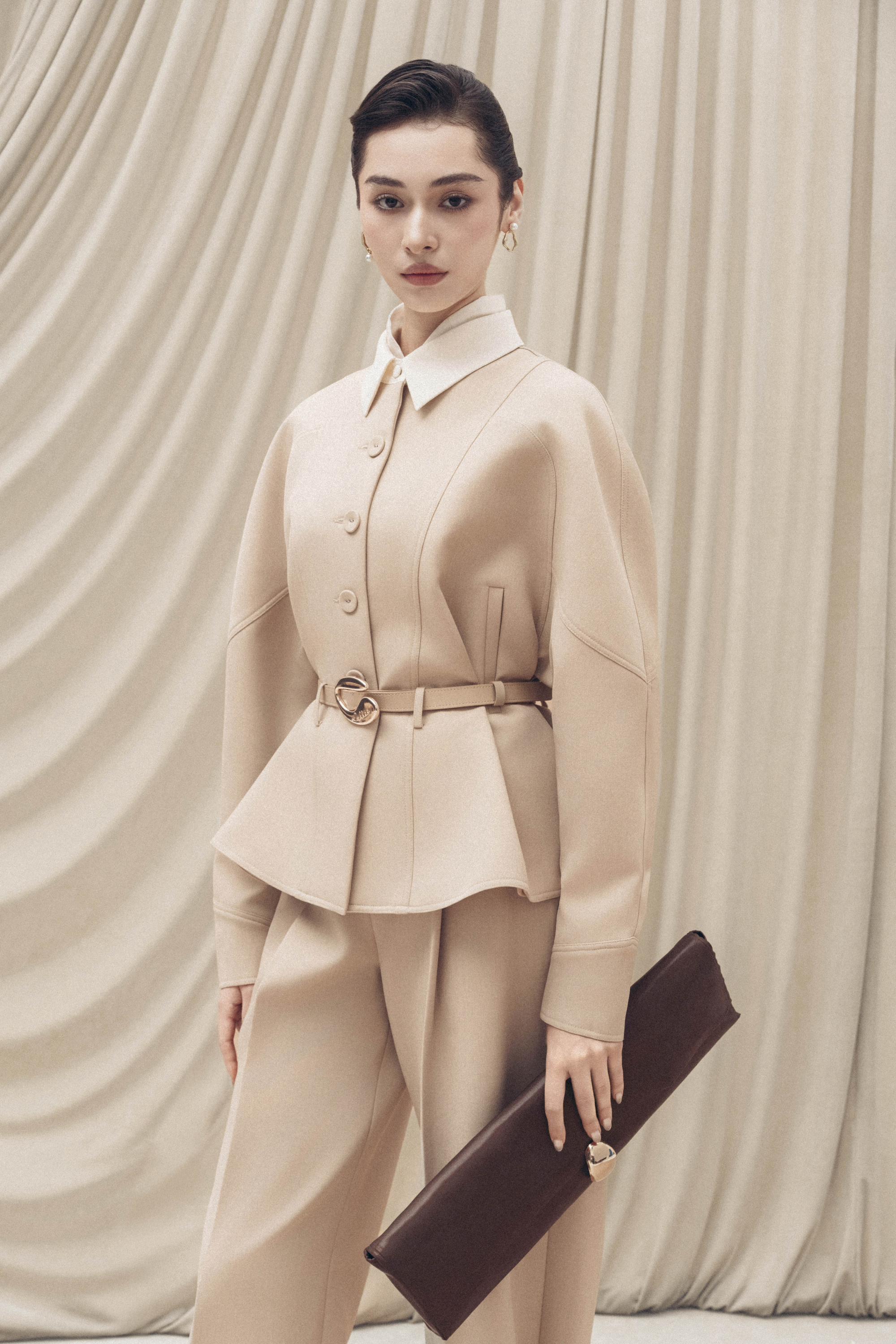 Quilted Structure Short Jacket & Pants in Hazelnut