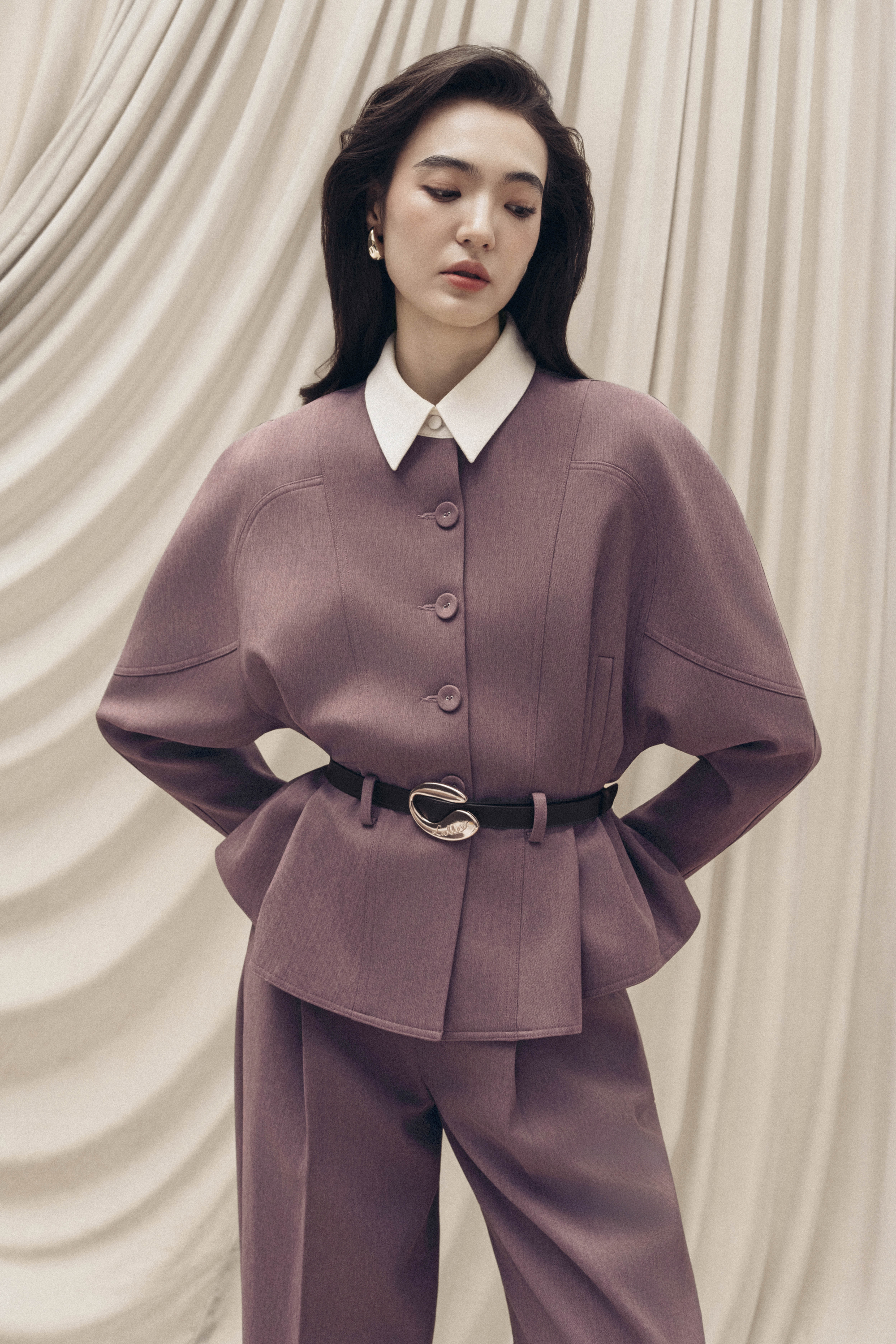Quilted Structure Short Jacket & Pants in Rose Taupe